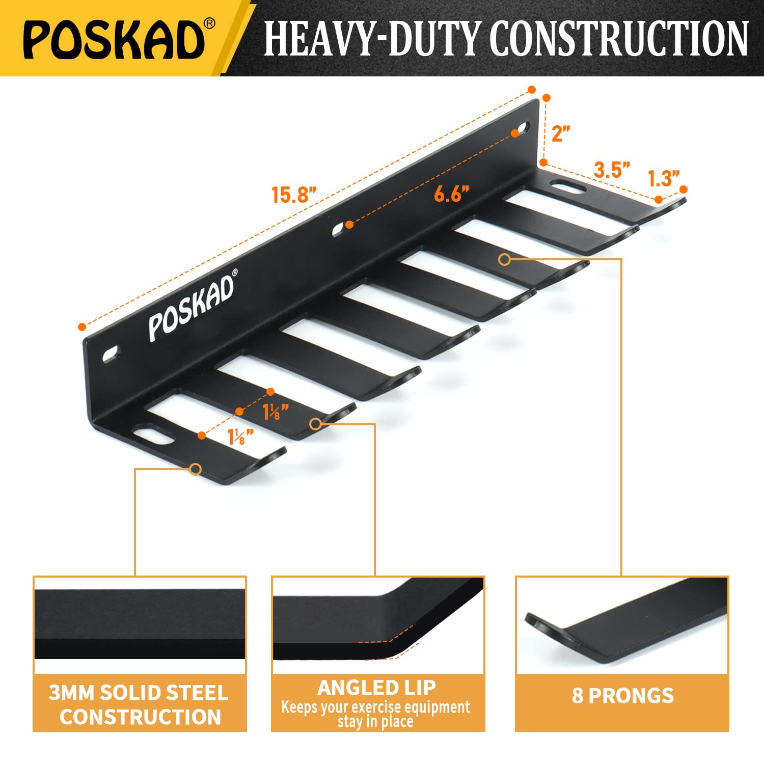 Poskad Multi-Purpose Gym Storage Rack,8 OR 12 Hook Heavy-Duty Steel Gym Organizer Wall Mount Hanger for Home and Pro, Gym Accessory Storage Resistance Bands,Jump Ropes,Lifting Belt,Barbells.