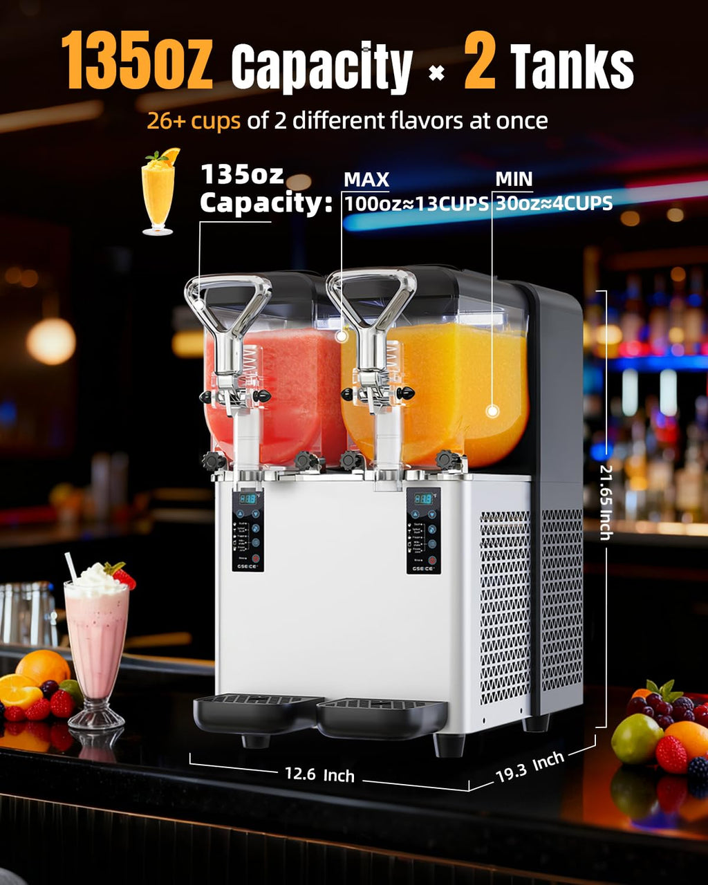 Slushie Machine for Home, 135oz x 2 Tank Slushy Machine for Commercial & Home Use, Margarita Machine with LED Lights 400W Fast Chill & Quiet for Restaurant Bar Cafes Food Truck, No Ice Needed