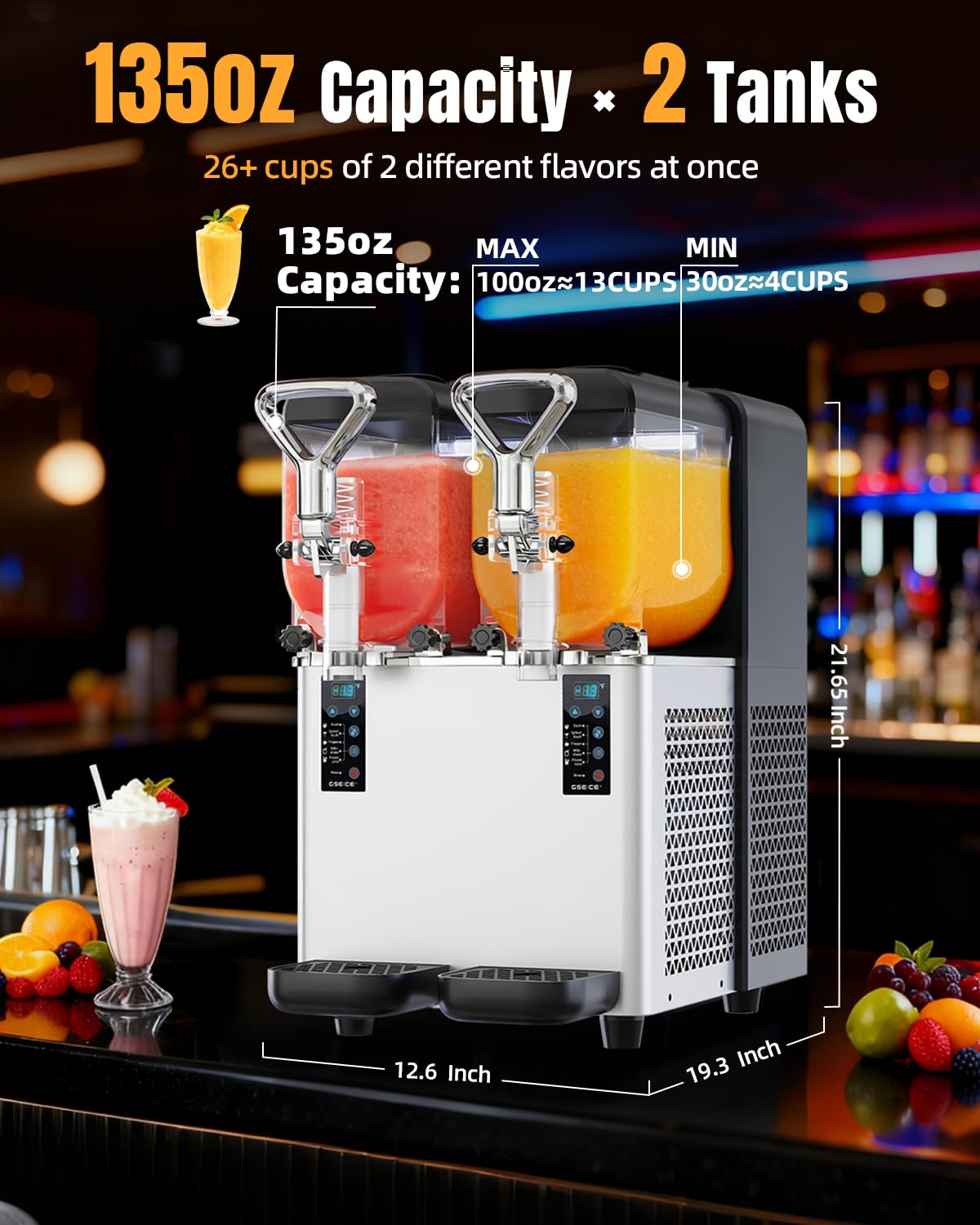 Slushie Machine for Home, 135oz x 2 Tank Slushy Machine for Commercial & Home Use, Margarita Machine with LED Lights 400W Fast Chill & Quiet for Restaurant Bar Cafes Food Truck, No Ice Needed