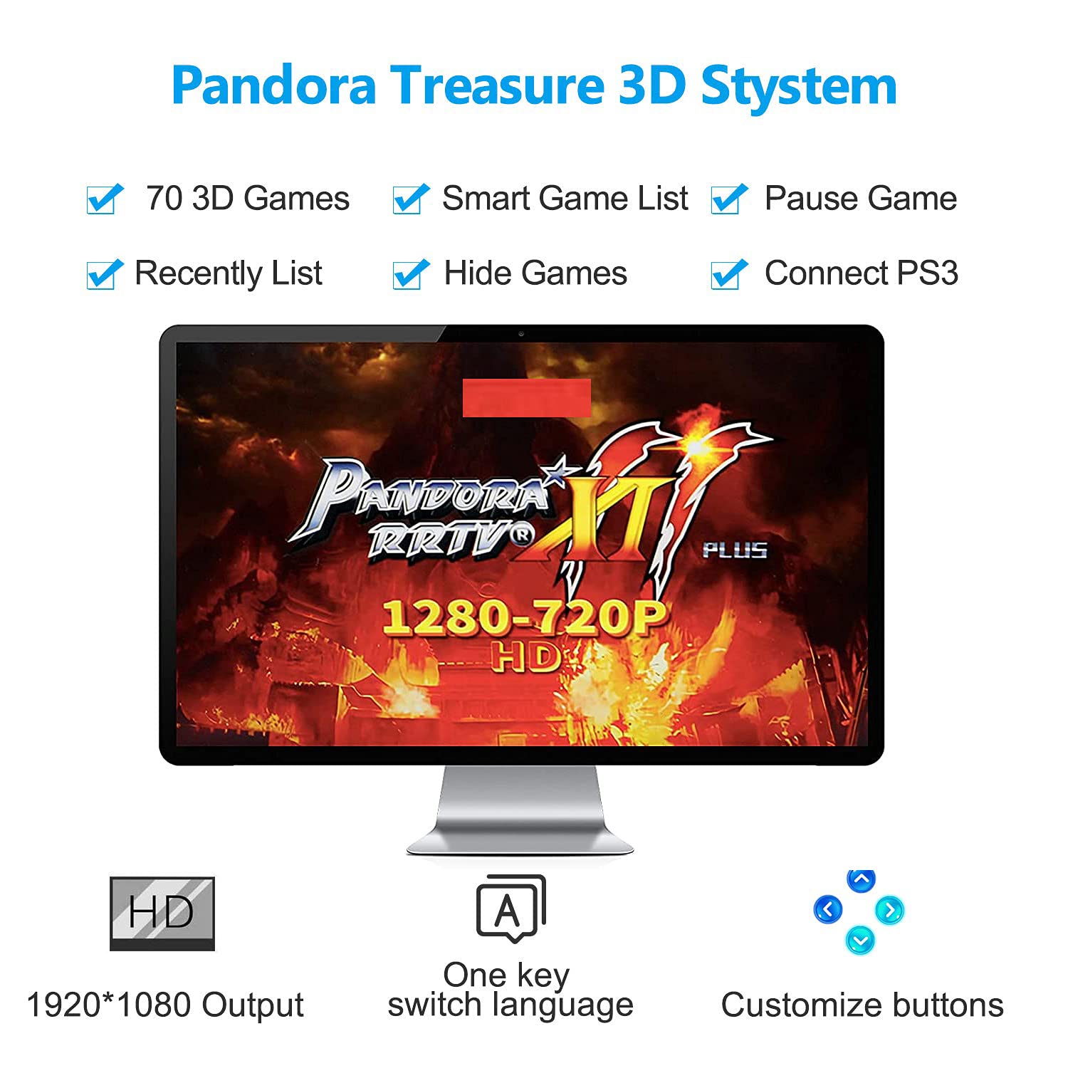 30000 Games in 1 Arcade Game Console ,Pandora Treasure 3D Double Stick,30000 Classic Arcade Games,Search Game, Support 3D,Favorite List, 4 Players Online,1280X720 Full HD Video