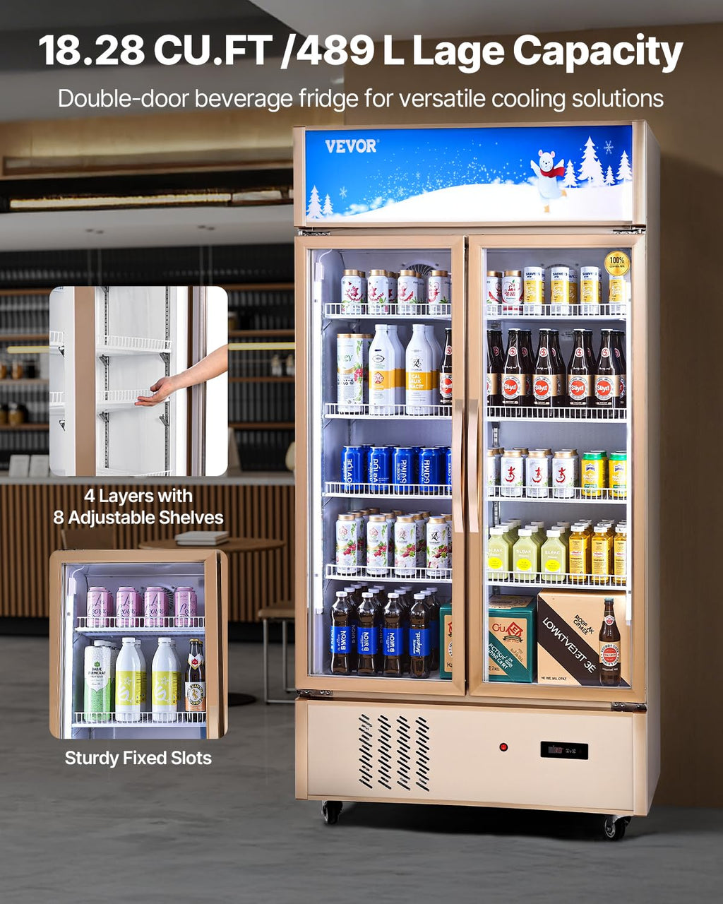VEVOR Commercial Merchandiser Refrigerator 2 Glass Doors, 23 Cubic Ft, Upright Display Beverage Cooler 79" Tall x 39.4" Width, Fridge with LED Lighting for Drink Wine Soda, Gold