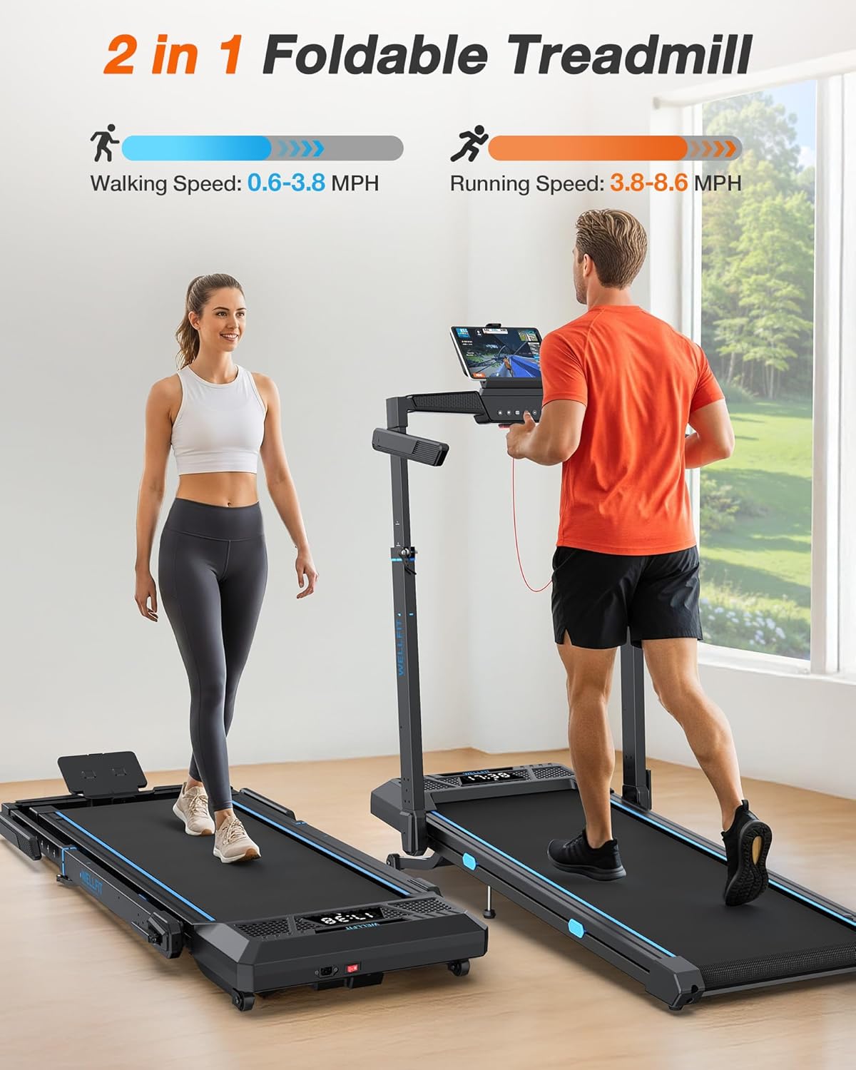 WELLFIT Treadmill with Auto Incline, 4 in 1 Foldable Treadmills for Home with Adjustable Height, 3.5HP Quiet Under Desk Treadmill, 400 LBS Capacity Portable Walking Pad with App, Space-Saving Design
