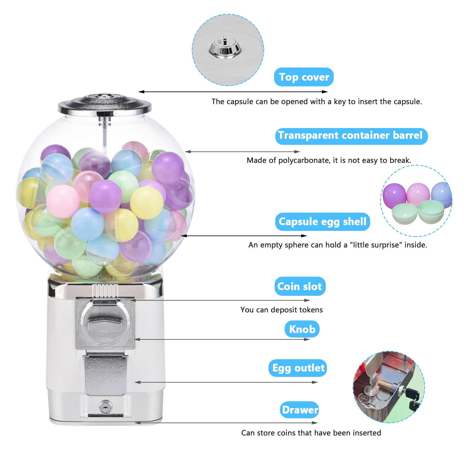 50mm Ball Classic Bubble Capsule Toys Dispenser Vending Machine Vending Machine Twister Ball Dispenser Gumball Machine for Retail,Amusement Parks(Color:White)