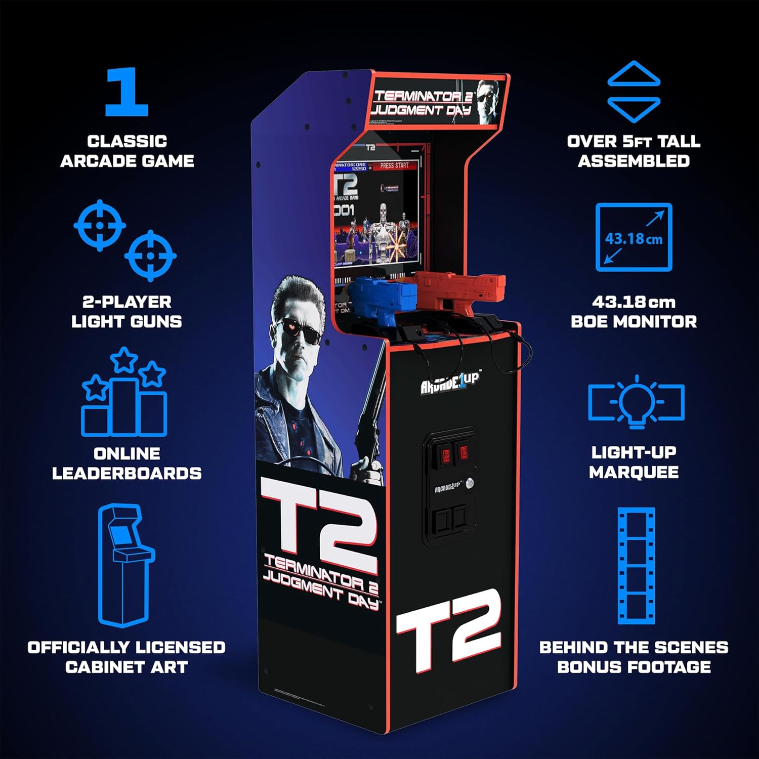 Arcade1Up Terminator 2 Deluxe Arcade Machine with Real-Feel Arcade Guns, 17" BOE Color Monitor, Dual Speakers and Wi-Fi Online Leaderboards, 5' Tall