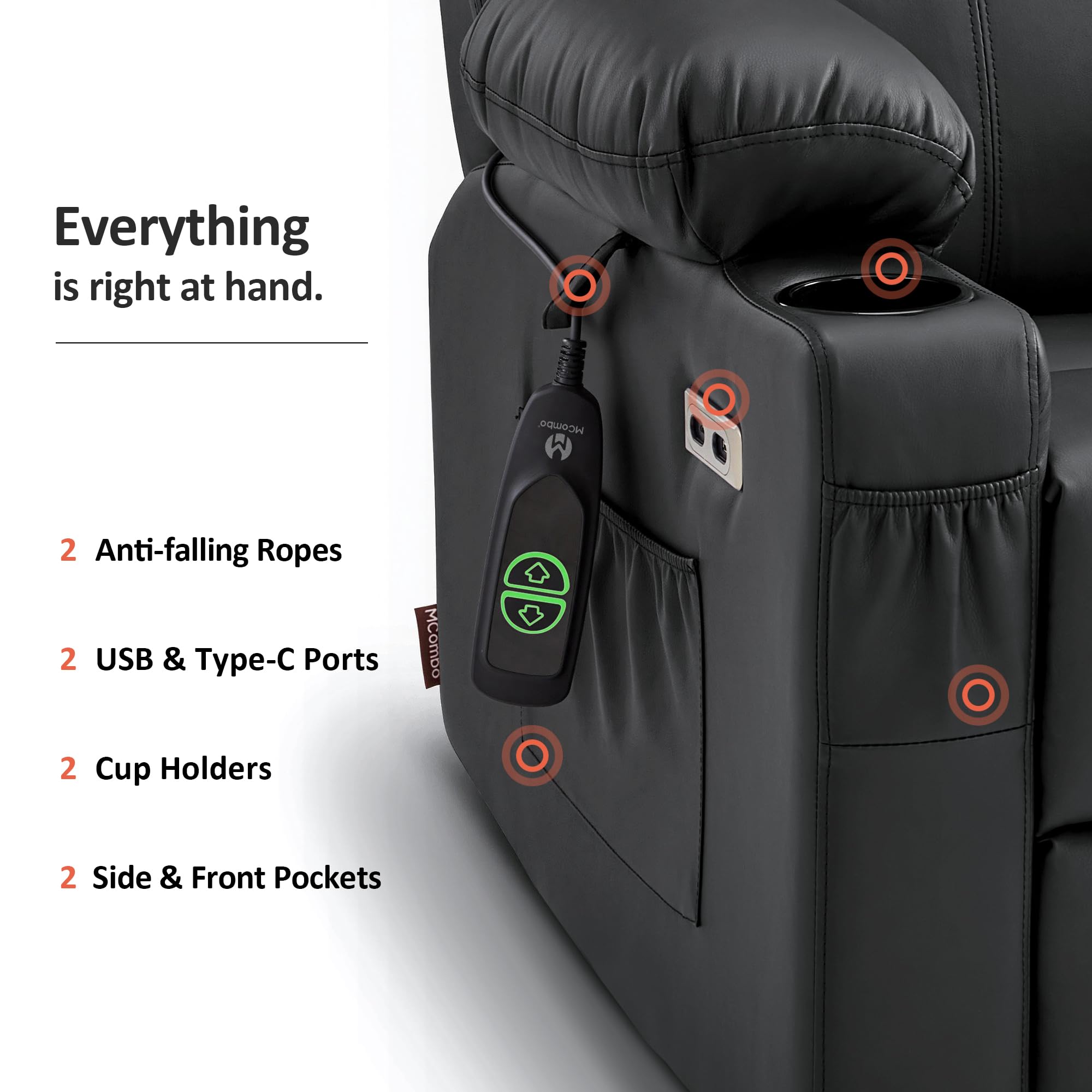 MCombo Electric Power Lift Recliner Chair Sofa with Massage and Heat for Elderly, 3 Positions, 2 Side Pockets, and Cup Holders, USB Ports, Faux Leather 7040 (Grey, Medium)
