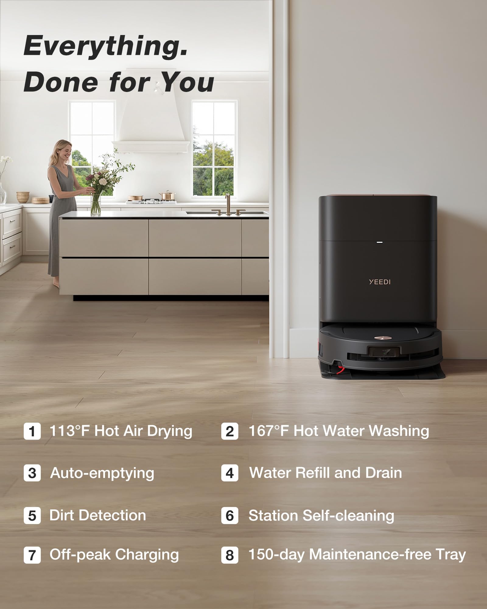 Yeedi M14 Plus Robot Vacuum and Mop, 18,000Pa Suction, OZMO Roller Instant Self-Washing Mopping, 167℉ Smart Dynamic Hot Wash & Auto-Dry, ZeroTangle 3.0 Anti-Hair Brush, All-in-One Omni Station, Black