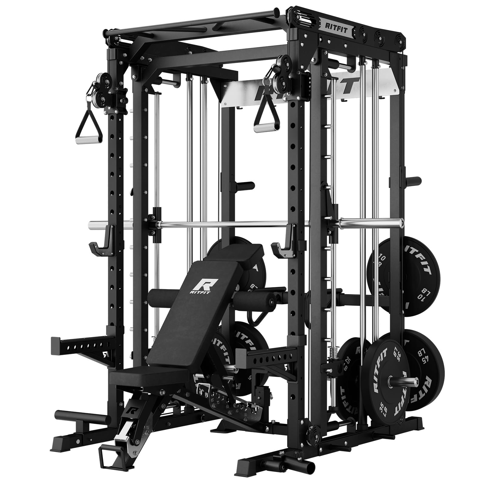 RitFit M2 3D Smith Machine & 286.6LB Built-in Weight Stack with Cable Crossover System, All in One Functional Trainer & Power Cage, 16 Adjustment Holes, 6 Storage Pegs for Full-Body Home Gym