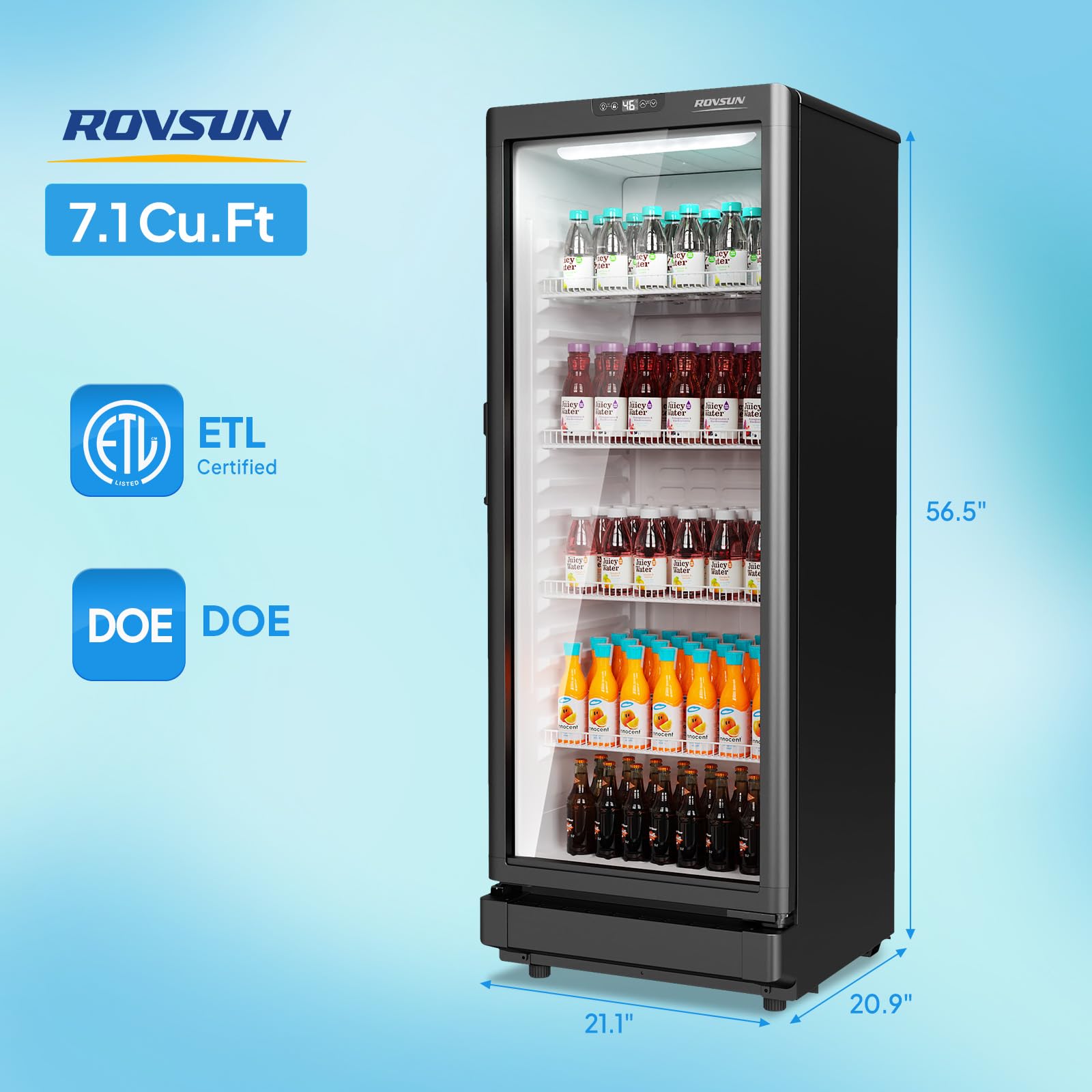 ROVSUN 8 Cu.Ft Commercial Refrigerator Display Refrigerator ETL NSF Certified, Slim Commercial Beverage Cooler Glass Door Merchandiser Drink Fridge w/Adjustable Shelves LED Light for Bar Restaurant
