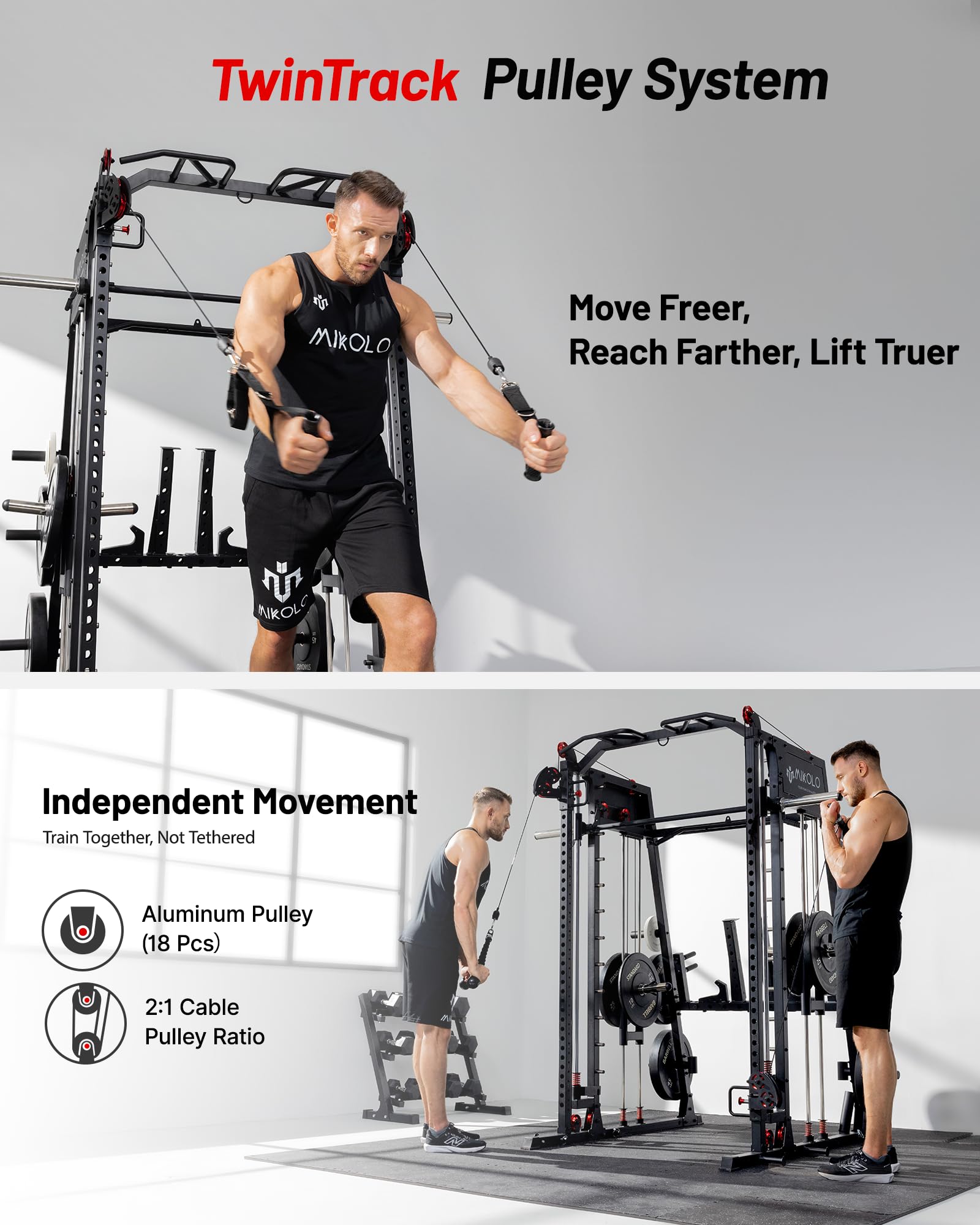Mikolo M4 2.0 Smith Machine, 2200lbs Squat Rack with LAT-Pull Down System & Cable Crossover Machine, Training Equipment with Leg Hold-Down Attachment