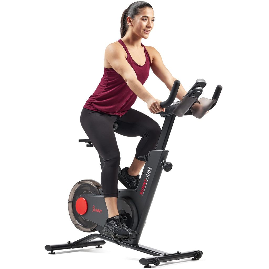 Sunny Health & Fitness Indoor Intensive Cycling Exercise Bike, Adjustable Cardio Training Exerciser w/Emergency Brake for Home, Optional Free SunnyFit App Bluetooth Link + Electromagnetic Resistance