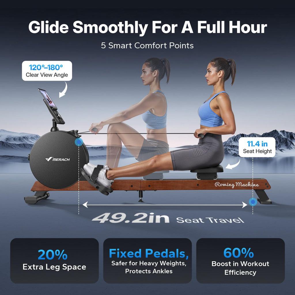 MERACH Pro-Grade Rowing Machines for Home, Smart Magnetic Rowing Machine with Self-Generation, Double Resistance and 400 LBS MAX Load, Wooden Tracks for Silent Sliding, MERACH App 1000+ Course & Games