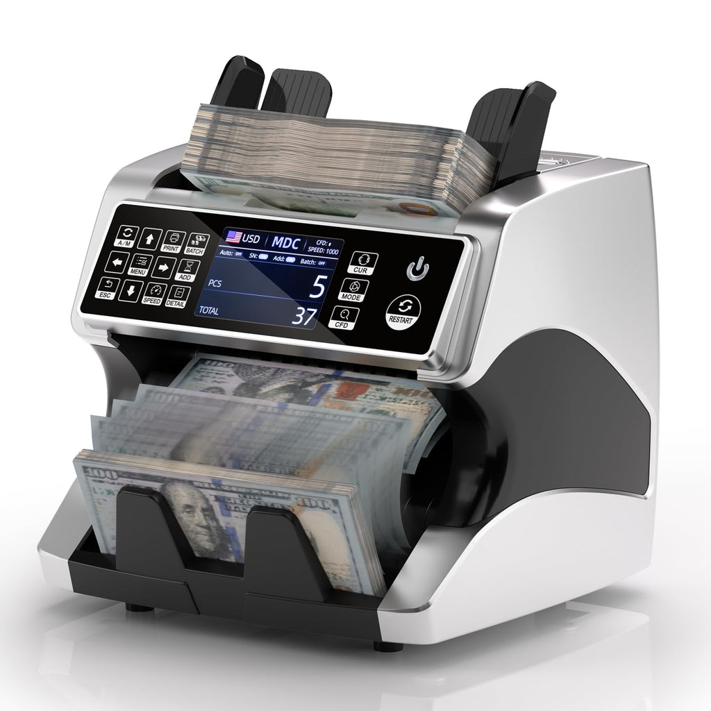 MUNBYN IMC01 Bank Grade Money Counter Machine Mixed Denomination, 2CIS/UV/IR/MG/MT Counterfeit Detection, Serial Number, MUL Currency Cash Counter, Printer Compatible, 2Y Warranty (White)