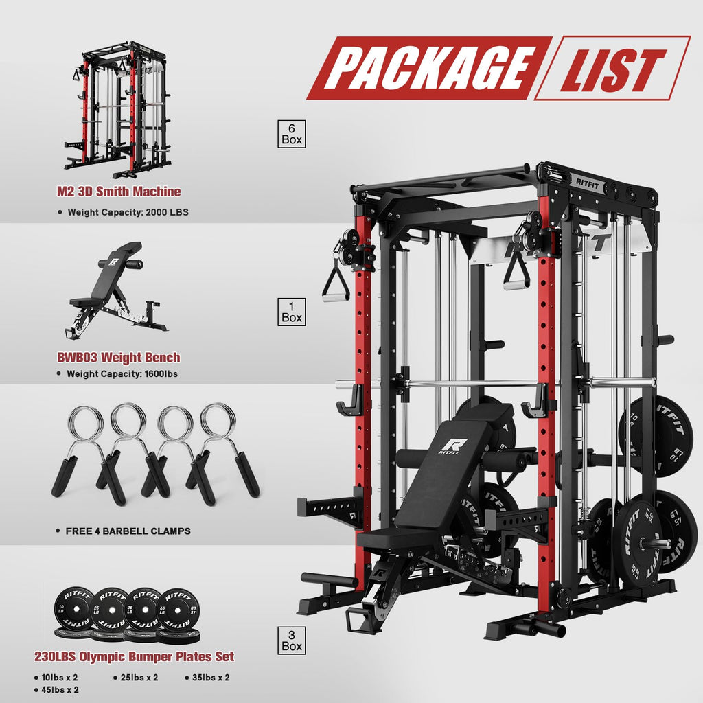 RitFit M2 3D Smith Machine & 286.6LB Built-in Weight Stack with Cable Crossover System, All in One Functional Trainer & Power Cage, 16 Adjustment Holes, 6 Storage Pegs for Full-Body Home Gym
