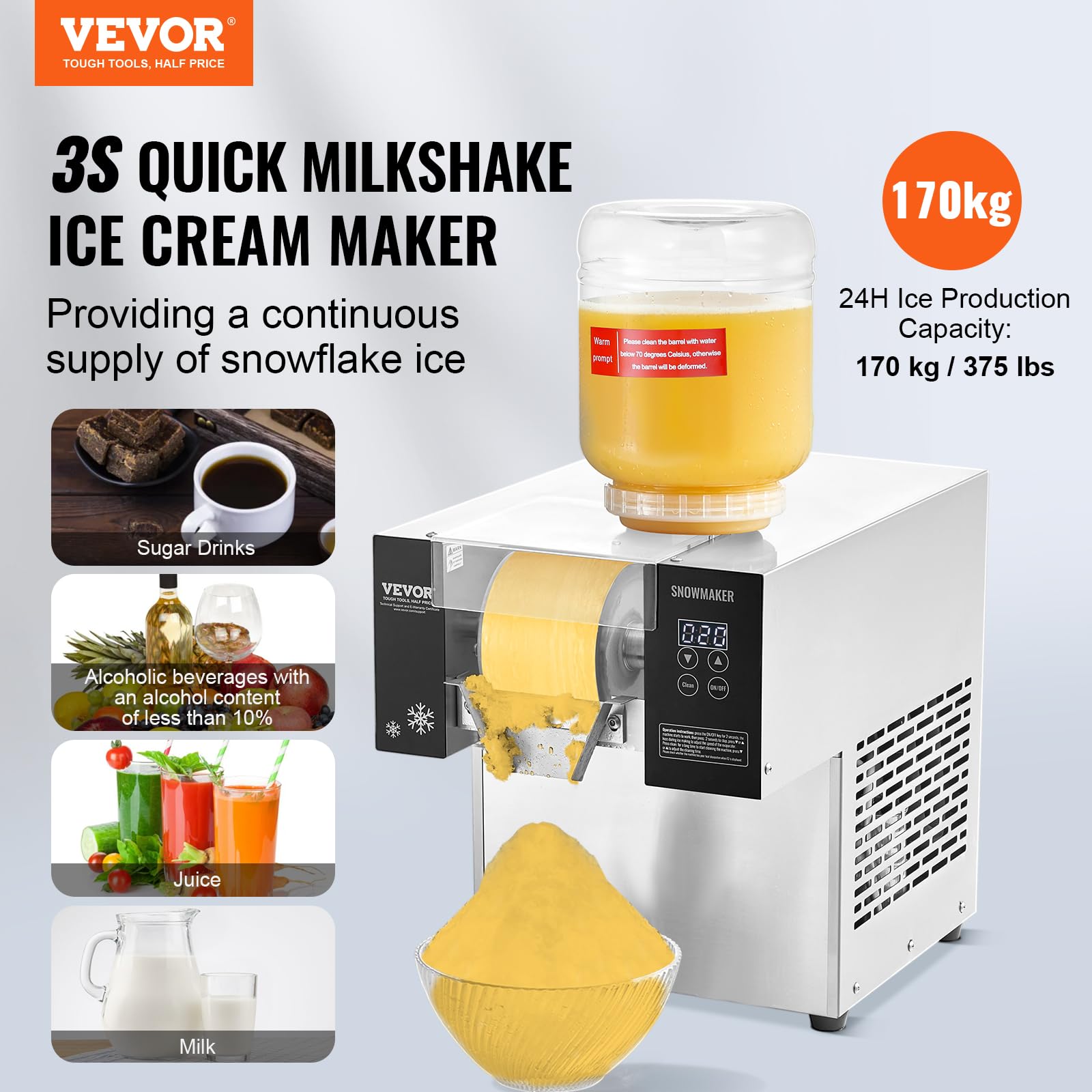 VEVOR Commercial Snowflake Ice Machine, 397LBS/24H Snowflake Ice Maker, Stainless Steel Ice Shaver Machine, Electric Snow Cone Maker, Liquid Cooling System for Rapid Heat Dissipation, Ice Cream