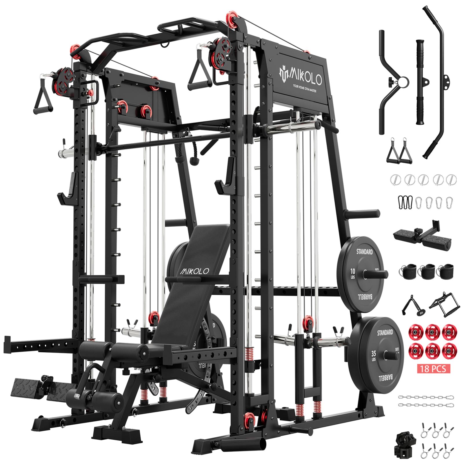 Mikolo M4 2.0 Smith Machine, 2200lbs Squat Rack with LAT-Pull Down System & Cable Crossover Machine, Training Equipment with Leg Hold-Down Attachment