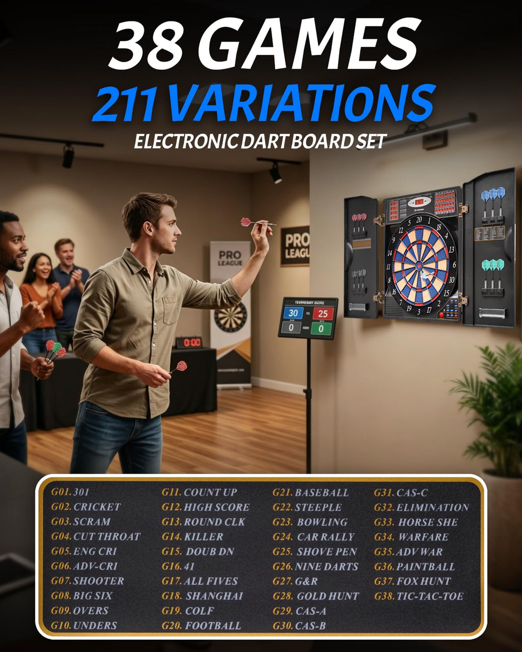 WIN.MAX Electronic Dart Board, Soft Tip Dartboard Cabinet Set for Adults, LED Scoring Dartboard with 38 Games & 211 Variants, Up to 16 Players, 12 Darts+40 Tips, Wall Mount for Bar Game Room Man Cave
