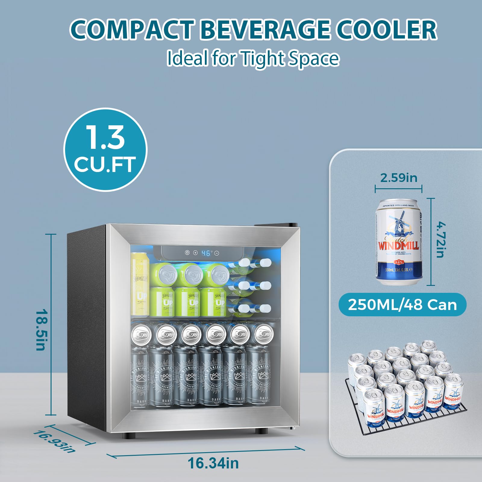 Electactic 50 Cans Beverage Refrigerator Cooler, 1.3 Cu.ft Mini Fridge Countertop Drink Cooler with Glass Door for Beer, Soda,Wine, Adjustable Digital Temperature Control for Home Dorm Bar, Black