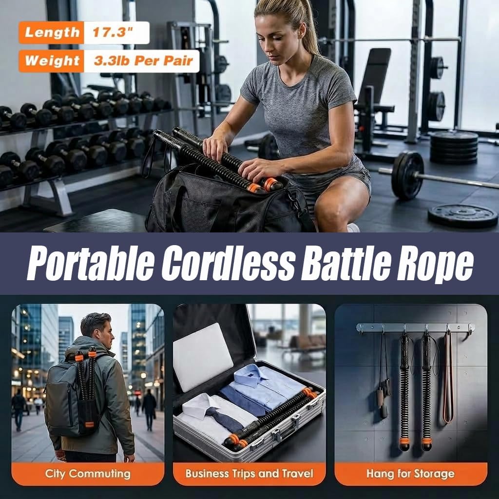 Cordless Battle Ropes for Home Gym, Adjustable Weight Ropeless Battle Rope Sticks Trainer for Fat Burning & Muscle Building Portable Exercise Jump Workout Endless Rope for Women & Men(Black)