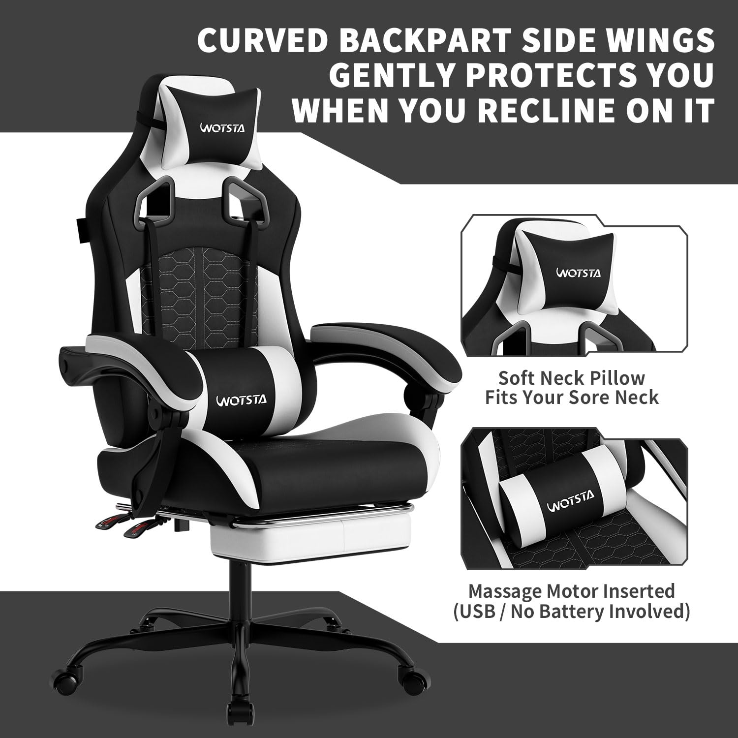 Gaming Chair with Massage,Ergonomic PC Gaming Chair with Footrest Comfortable Headrest and Lumbar Support, High Back, 300LBS (Grey)