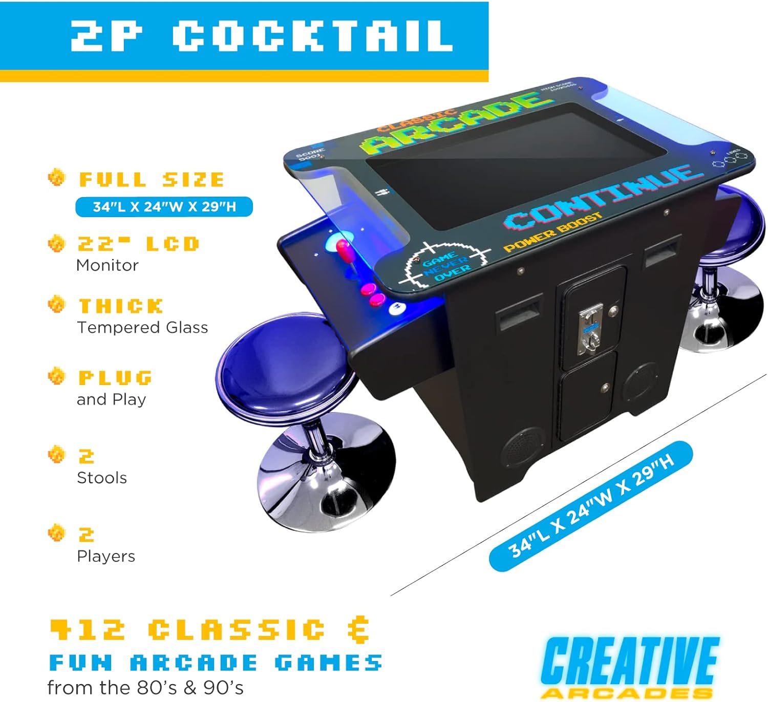 Creative Arcades Full Size Commercial Grade Cocktail Arcade Machine | 2 Player | 412 Games | 22" LCD Screen | Square Glass Top | LED | 2 Sanwa Joysticks | Trackball | 2 Stools | 3 Year Warranty