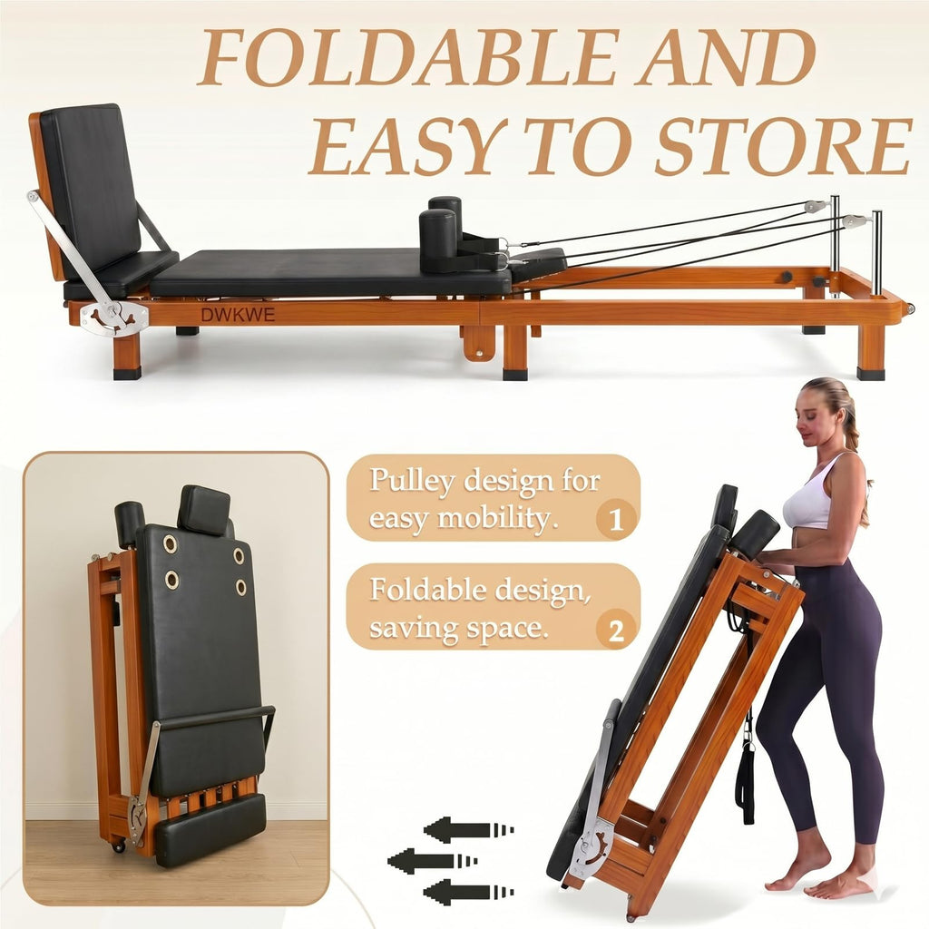 Foldable Pilates Reformer Machine – 88" Long Imitation Wood Frame with Jumpboard & Box Included, Dual Resistance System (Springs + Latex Tubes) for Full Body Workout, Home Gym Equipment for Women Men