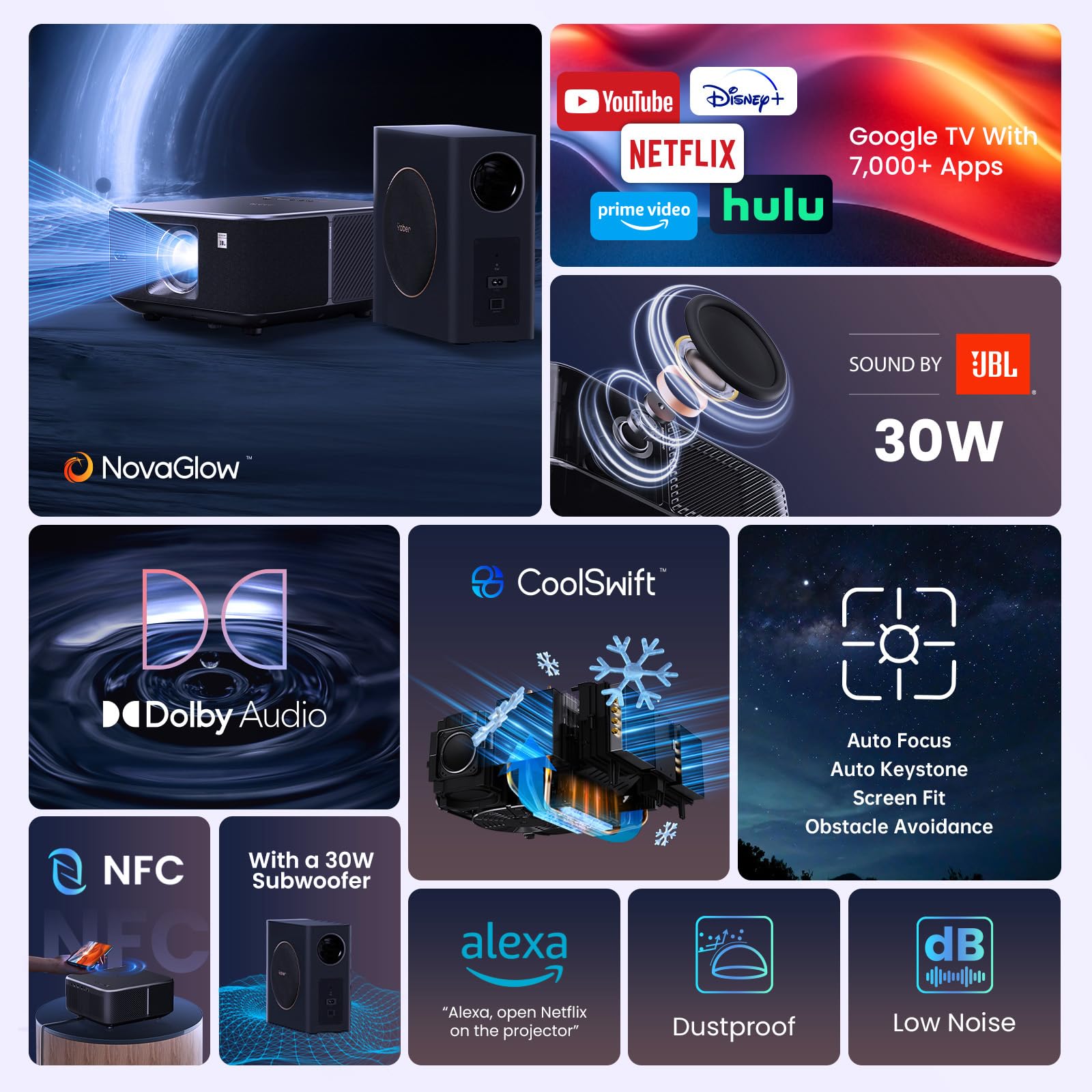 Yaber PROJECTOR K3 Smart Projector with GTV, 30W Speaker Sound by JBL, Dolby Audio, Home/Outdoor Movie Projector with WiFi6 and Bluetooth, Auto Screen Adaptation,Netflix 7000+app