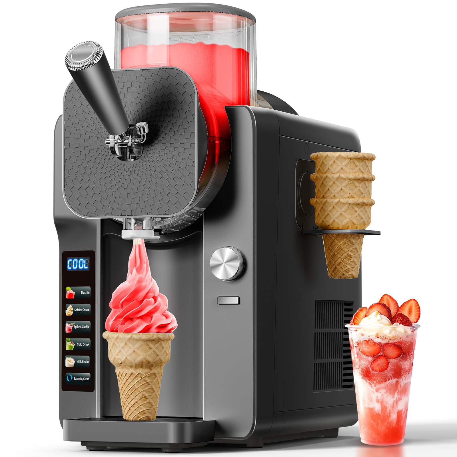 Slush Machine & Ice Cream Maker Machine 2-IN-1, 6 Modes for Smoothies, Milkshakes, Cocktails, Margarita, and Ice Cream, Double-Layer Tank, With Ice Cream Cone Holder, Self-Cleaning, For Home Use