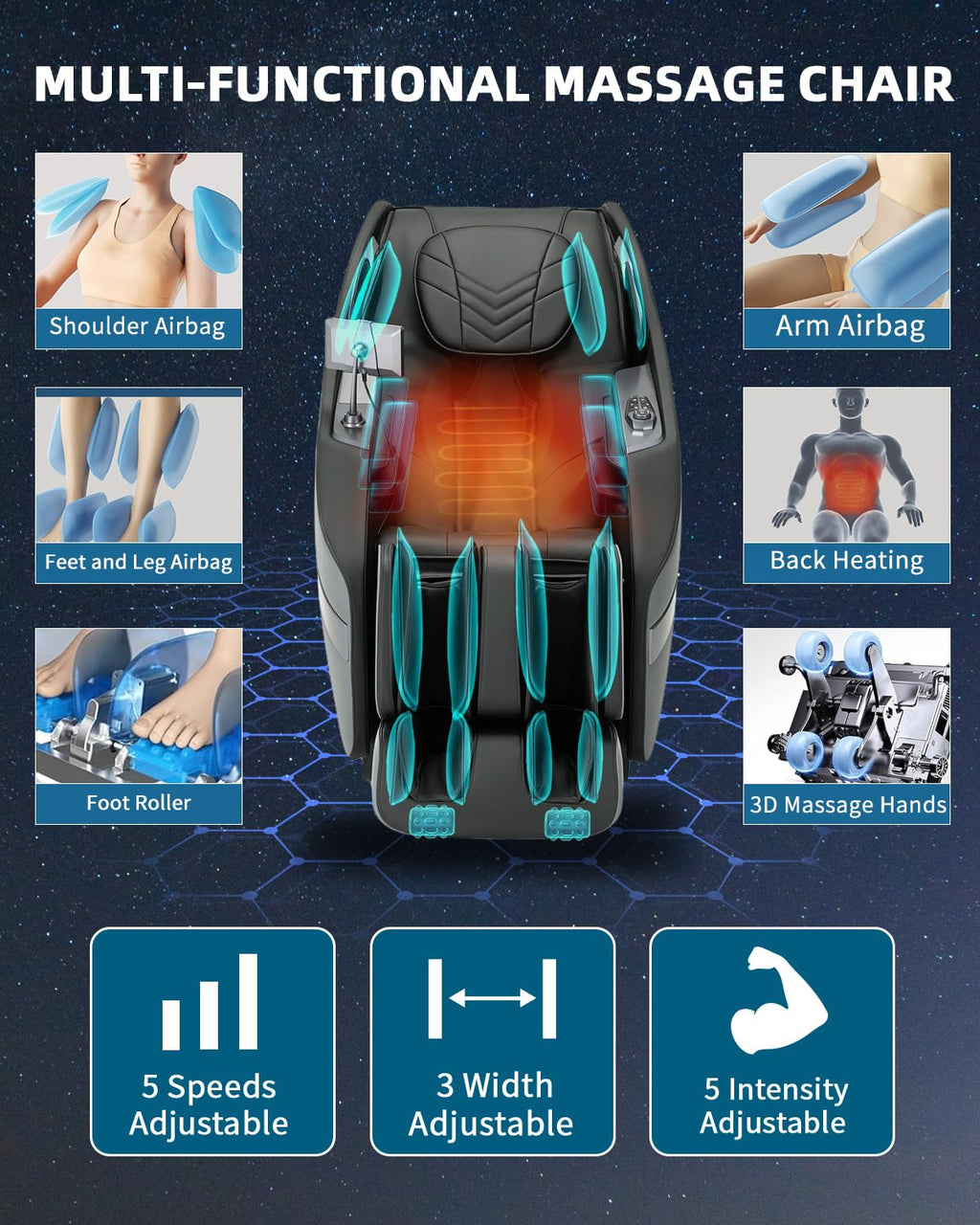 3D Zero Gravity Full Body Massage Chair with Heat, 55" SL-Track, 28 Airbags & 12 Auto Programs, Shiatsu Foot Roller, Black