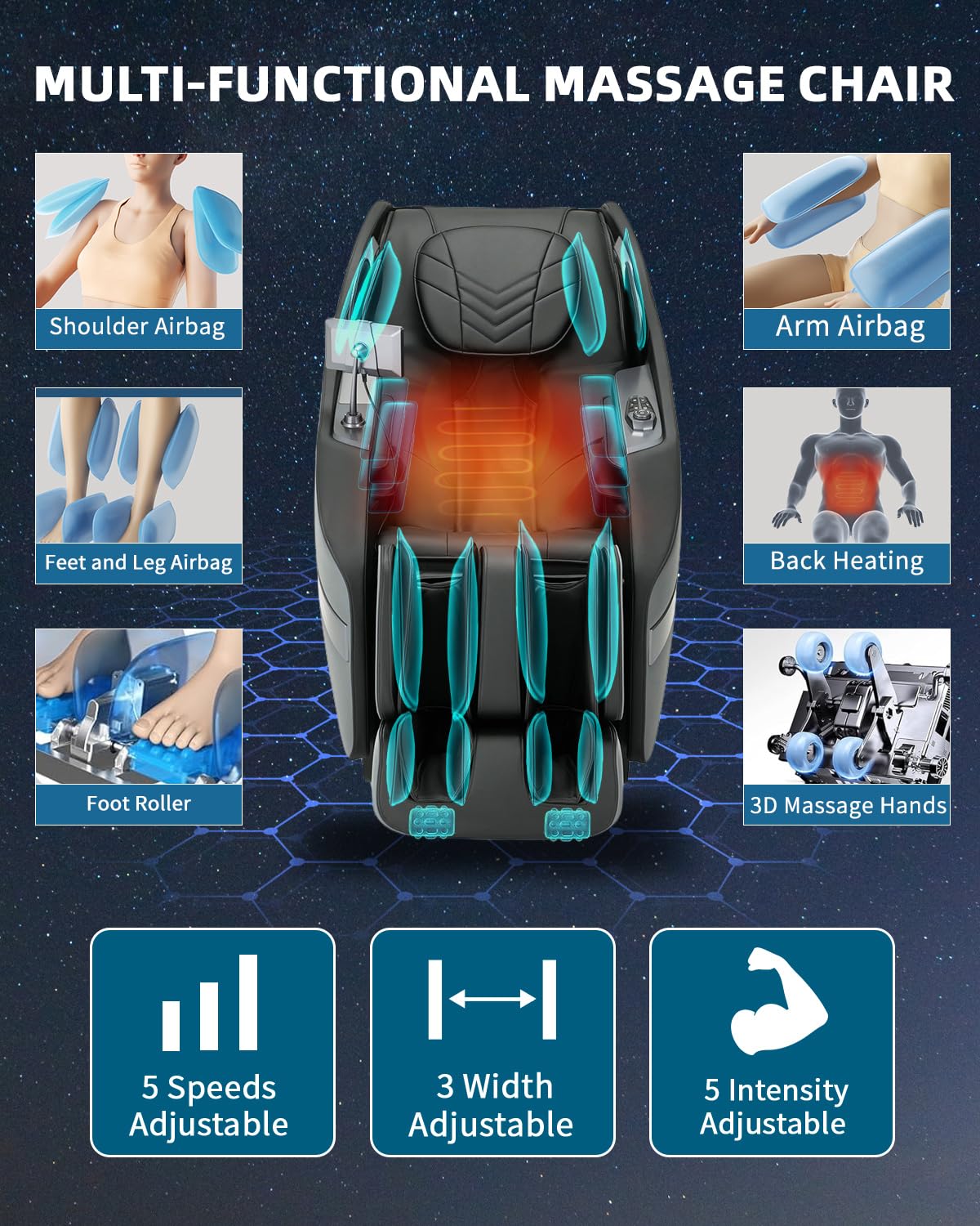 3D Zero Gravity Full Body Massage Chair with Heat, 55" SL-Track, 28 Airbags & 12 Auto Programs, Shiatsu Foot Roller, Black