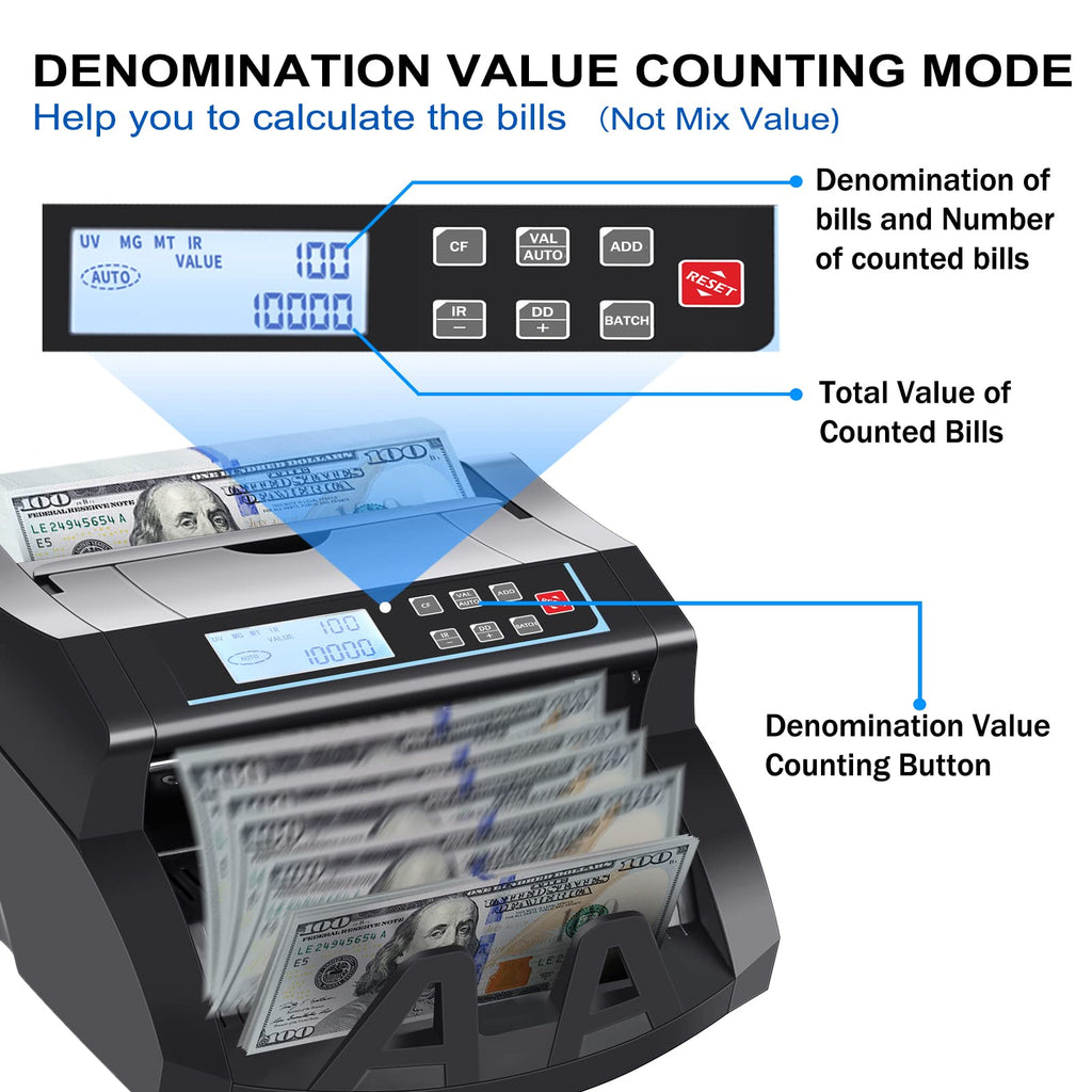Money Counter Machine Count Value,UV/MG/MT/IR Counterfeit Detection Bill Counter,US Dollar only Cash Counter, Add+Value/Batch+Value Modes,Money Counting Machine with LCD Display (Black+Grey)