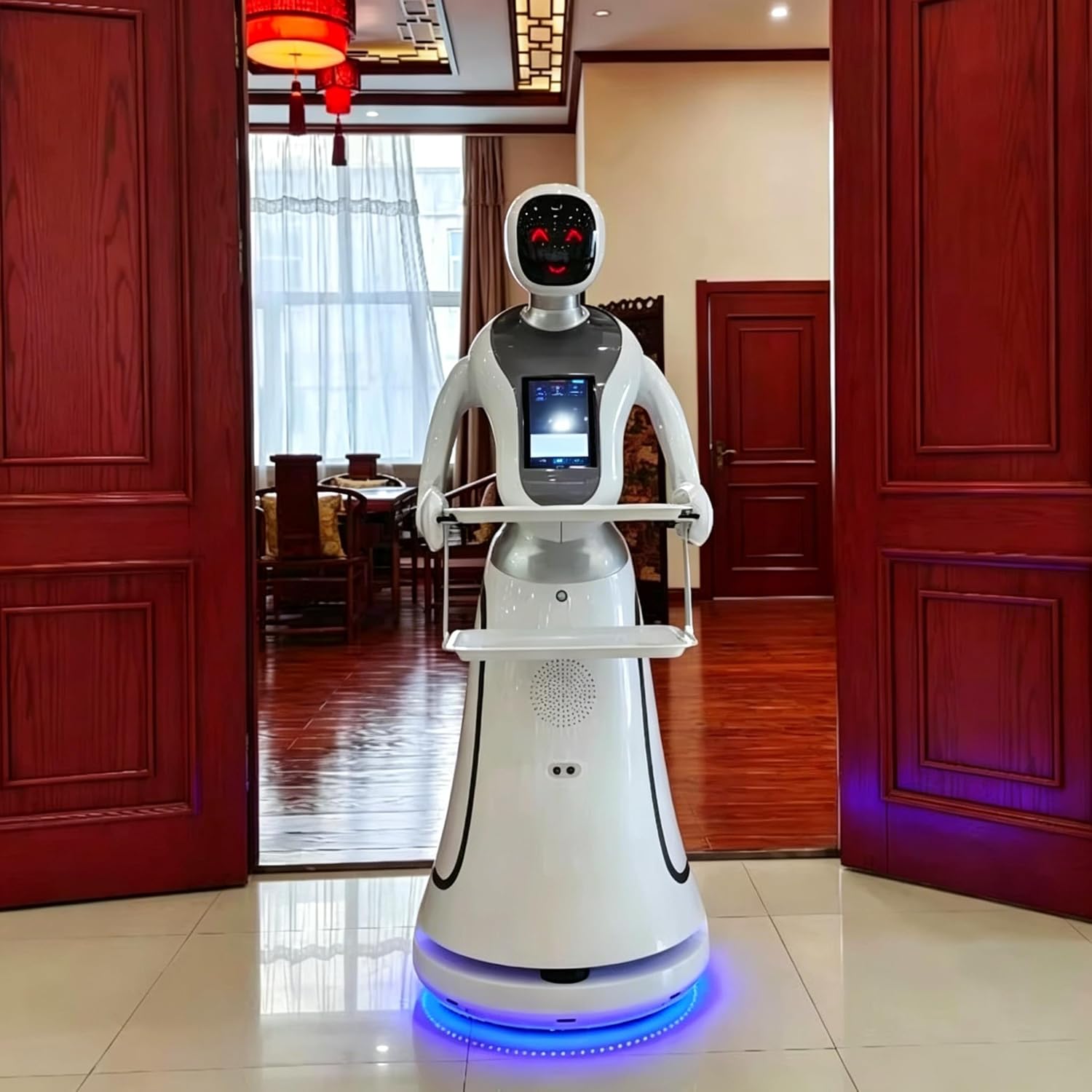 Food Delivery Robot for Restaurant and Hospitality Service, Autonomous Mobile Robot with Obstacle Detection, Touch Screen, Voice Communication and Multi Tier Serving Tray Design