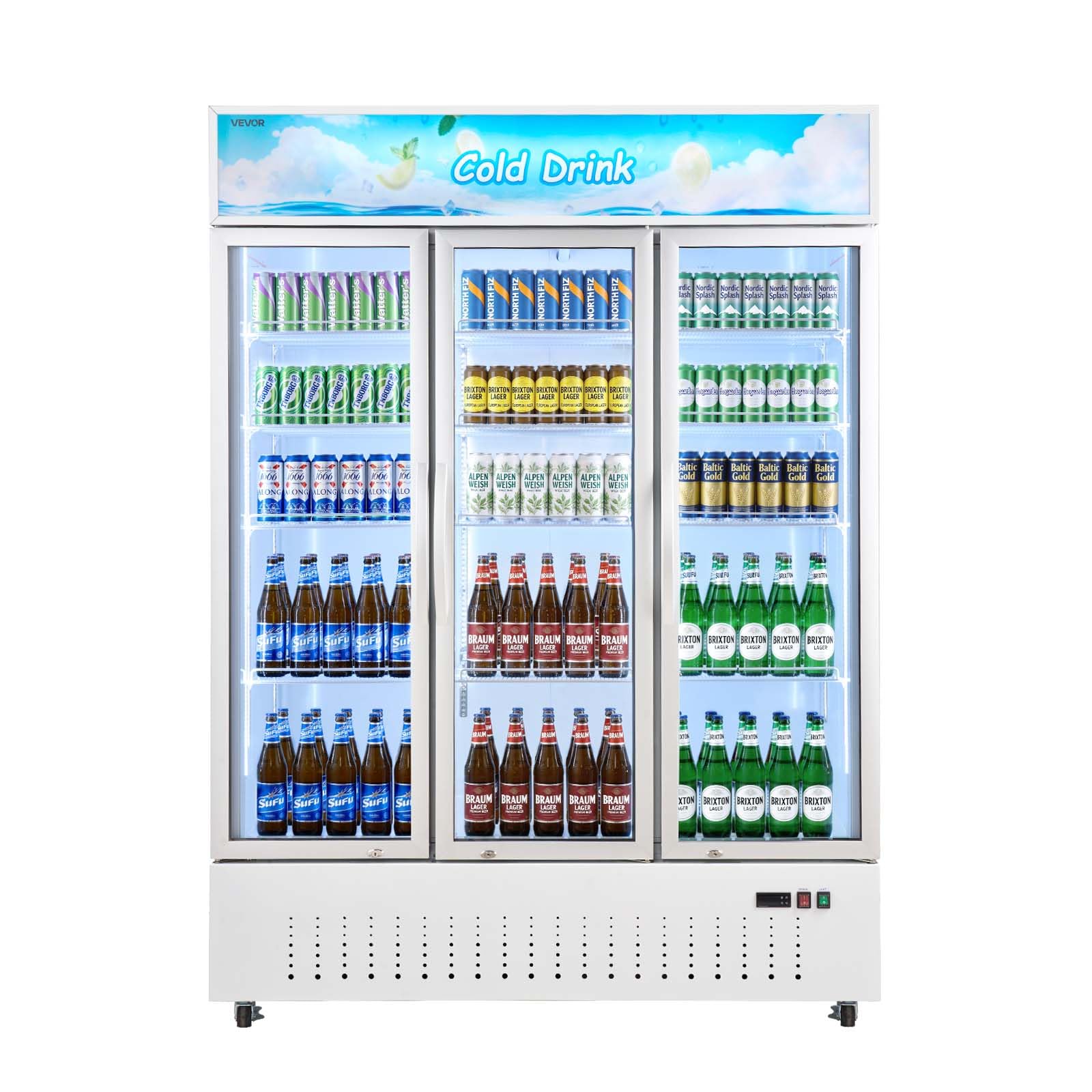 VEVOR Commercial Merchandiser Refrigerator, 6.9 Cu.Ft / 195L Glass Door Display Refrigerator, Upright Beverage Cooler Fridge with 4 Adjustable Shelves, Soft LED Light & Casters for Homes Shops Bars