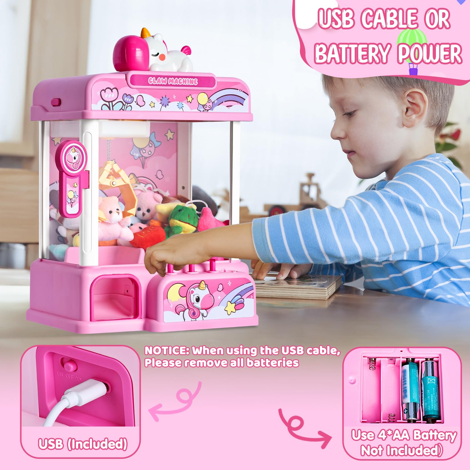 CWLAKON Claw Machine for Kids, Mini Vending Machine Unicorns Toys with Sound for Girls Age 3+, Candy Grabber Prize Dispenser Machine Arcade Games with Mini Plush Toys, Christmas Birthday Gifts