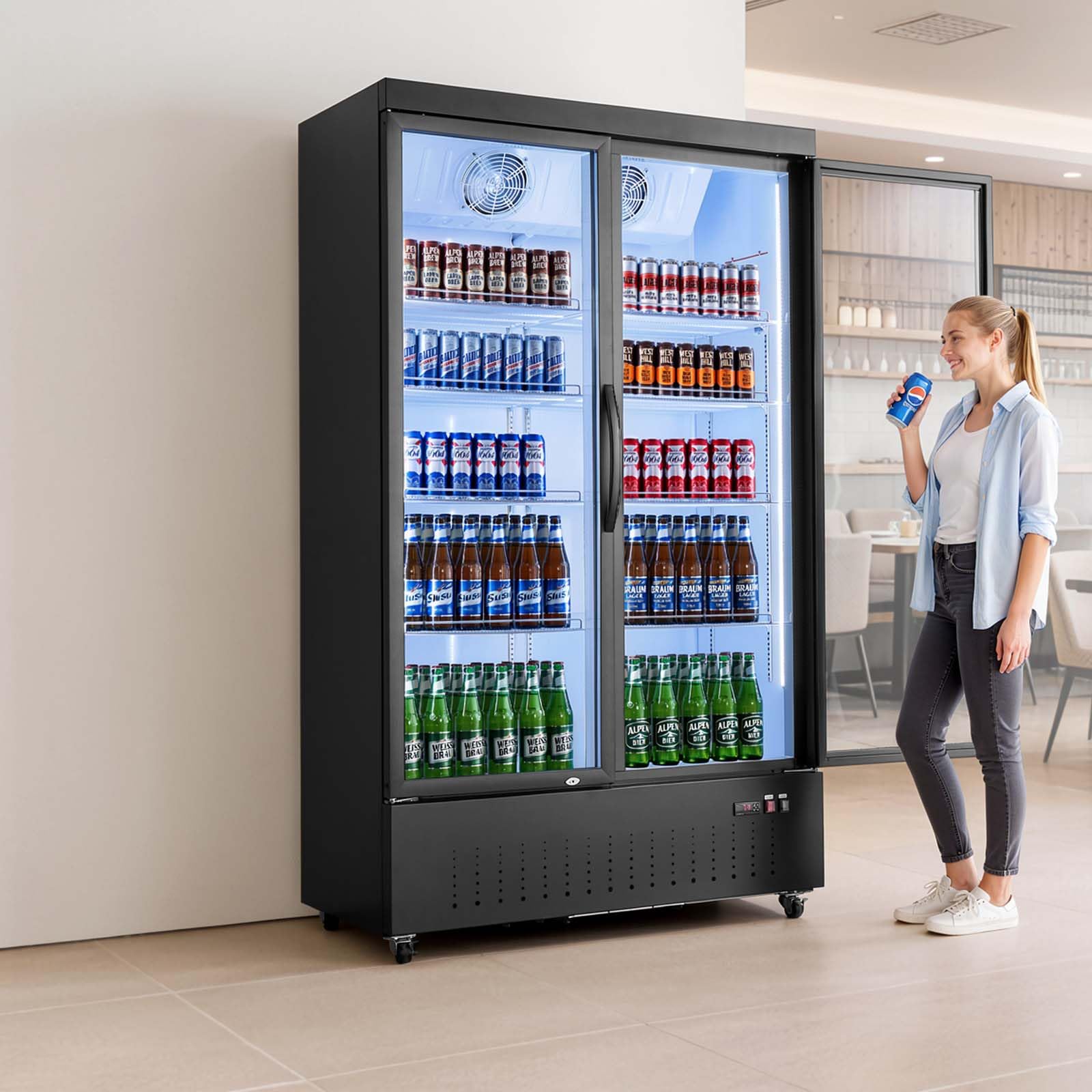 VEVOR Commercial Merchandiser Refrigerator, 6.9 Cu.Ft / 195L Glass Door Display Refrigerator, Upright Beverage Cooler Fridge with 4 Adjustable Shelves, Soft LED Light & Casters for Homes Shops Bars