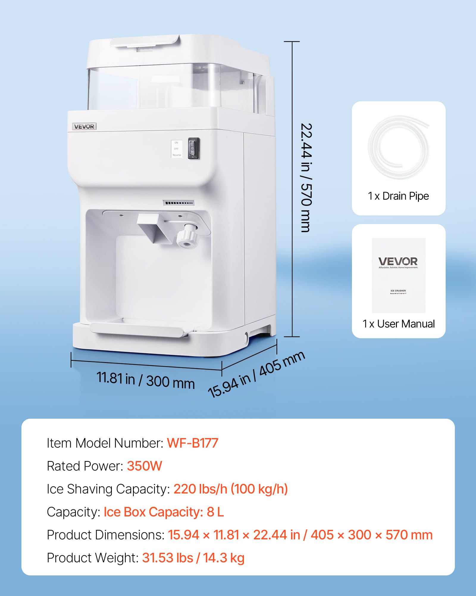 VEVOR Ice Shaver Machine Electric Snow Cone Machine, 265 LBS/H Shaved Ice Machine 250W Ice Crusher Triple Blades Tabletop Shaved Ice Maker with Adjustable Fineness for Home and Commercial Use