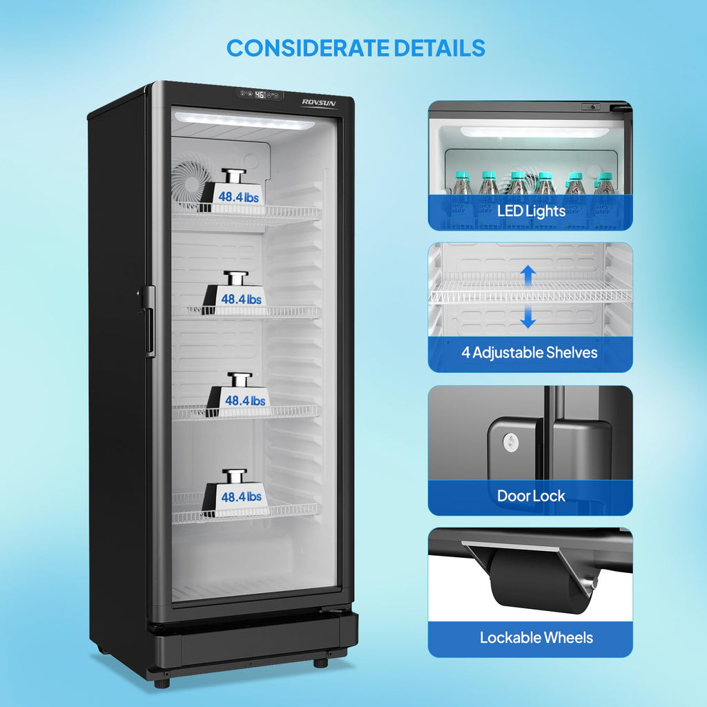 ROVSUN 8 Cu.Ft Commercial Refrigerator Display Refrigerator ETL NSF Certified, Slim Commercial Beverage Cooler Glass Door Merchandiser Drink Fridge w/Adjustable Shelves LED Light for Bar Restaurant