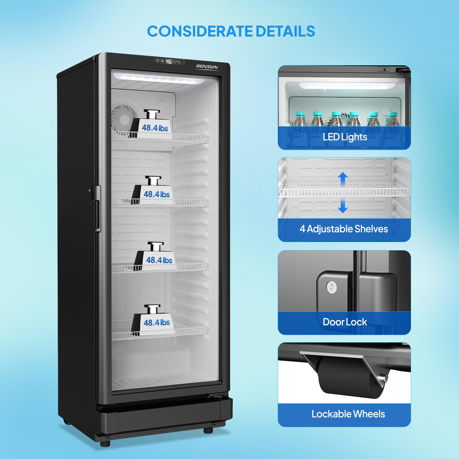 ROVSUN 8 Cu.Ft Commercial Refrigerator Display Refrigerator ETL NSF Certified, Slim Commercial Beverage Cooler Glass Door Merchandiser Drink Fridge w/Adjustable Shelves LED Light for Bar Restaurant