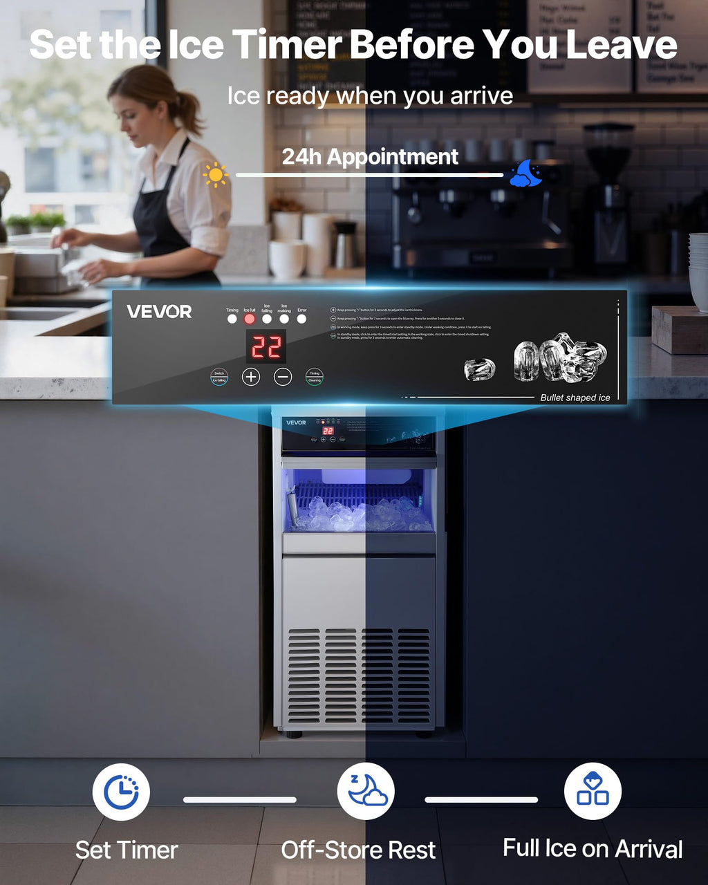 VEVOR Commercial Ice Maker Machine, 100 lbs/24h with 30-35 lbs Storage, Bullet Ice,Built-in/Freestanding/Under Counter, Stainless Steel Ice Maker with LED Display for Home Bar Restaurant