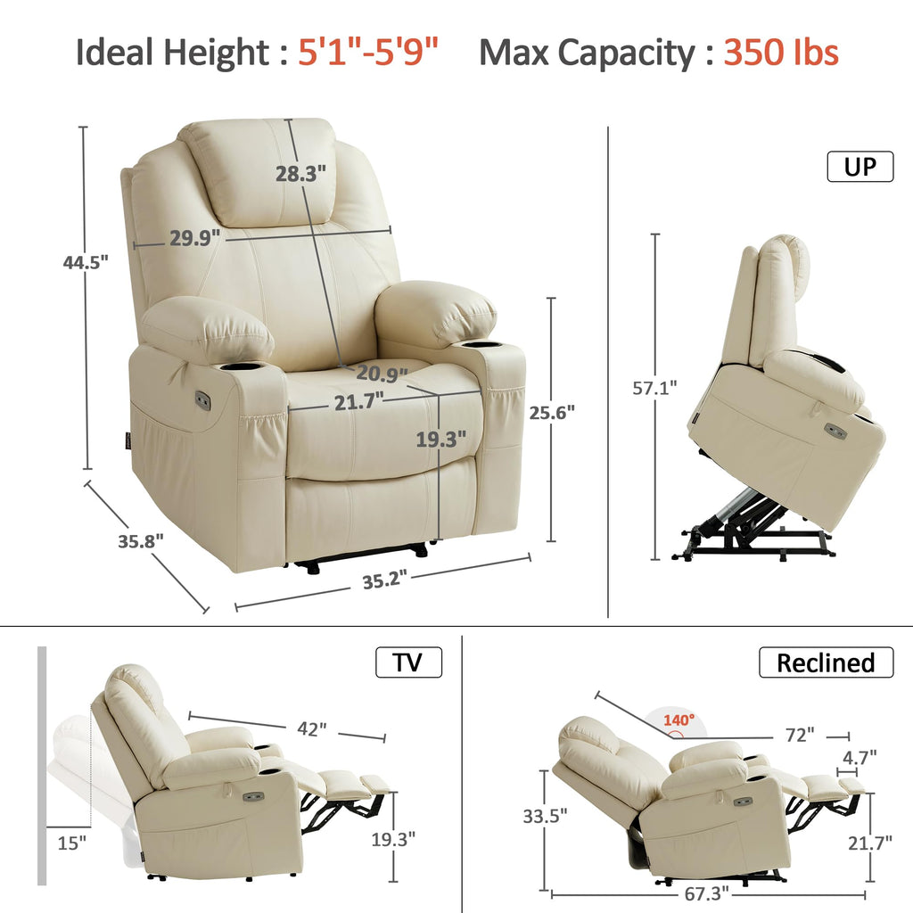 MCombo Electric Power Lift Recliner Chair Sofa with Massage and Heat for Elderly, 3 Positions, 2 Side Pockets, and Cup Holders, USB Ports, Faux Leather 7040 (Grey, Medium)