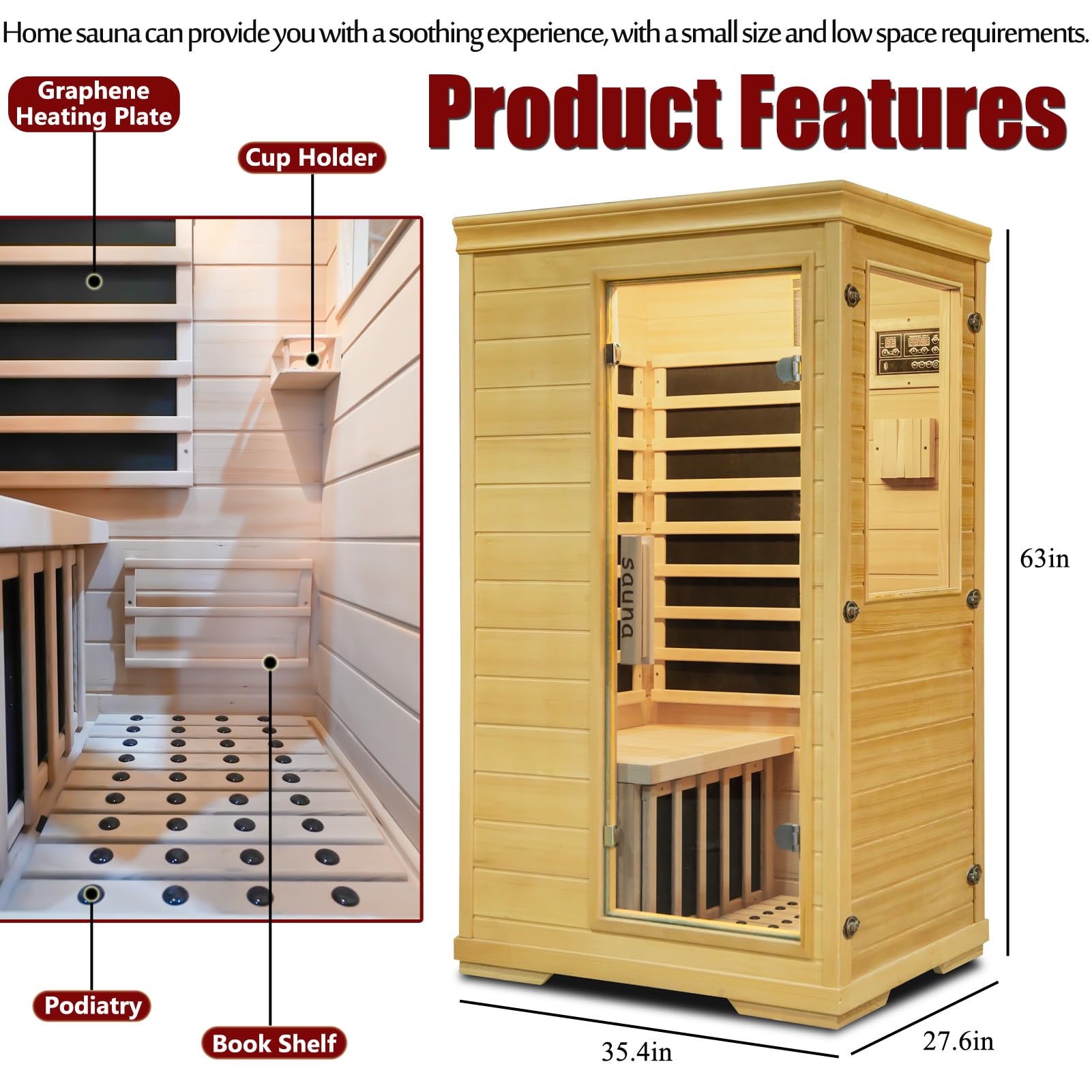 1350W Far Infrared Home Sauna, Energy-Efficient Fast-Heating Indoor Sauna Room with Bluetooth & 7-Color Therapy, Canadian Hemlock Wood, Modular Design - Ideal for Home Gym, Family Relaxation