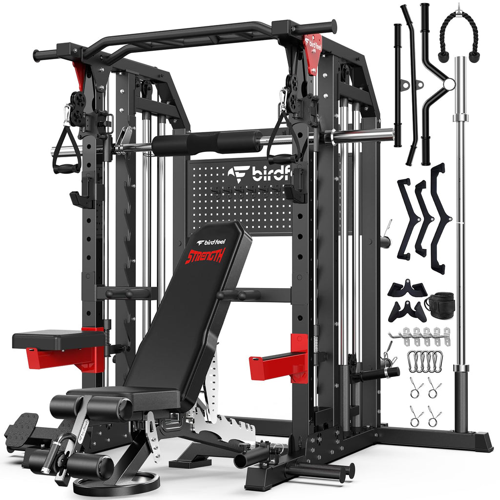 Multi-Function 2000LB Smith Machine Power Cage, Home Gym Squat Rack Featuring LAT Pulldown, Dual Pulley Cable Crossover, Gym-Quality Power Rack with Strength Training Attachments, Pegboard