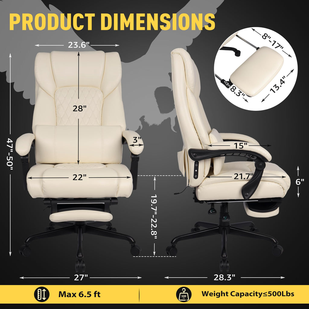 3D Kneading Massage Office Chair with Heat, 500 lbs Big and Tall Executive Computer Desk Recliner, Leather Electric Heated Chair with Footrest, Black
