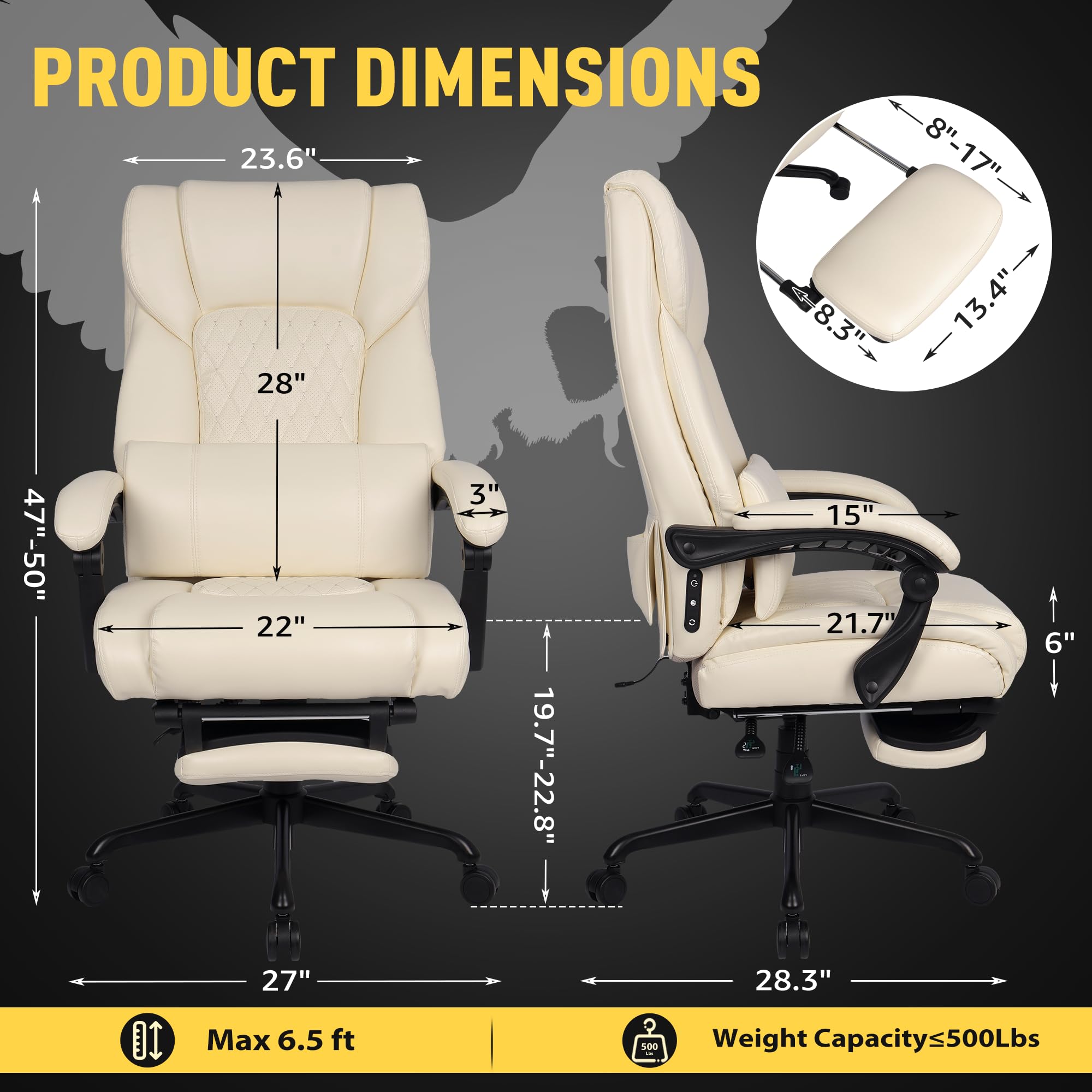 3D Kneading Massage Office Chair with Heat, 500 lbs Big and Tall Executive Computer Desk Recliner, Leather Electric Heated Chair with Footrest, Black