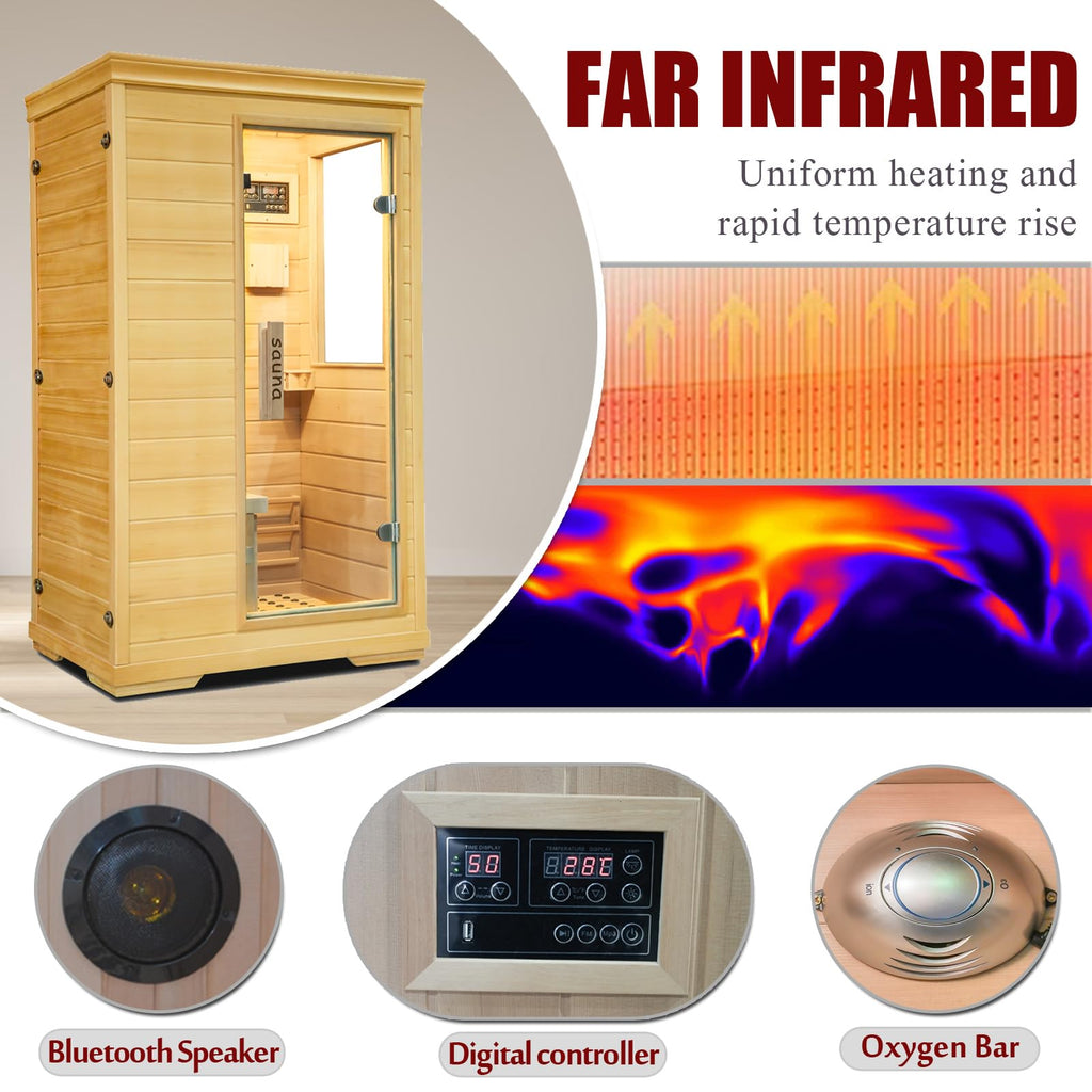 1350W Far Infrared Home Sauna, Energy-Efficient Fast-Heating Indoor Sauna Room with Bluetooth & 7-Color Therapy, Canadian Hemlock Wood, Modular Design - Ideal for Home Gym, Family Relaxation