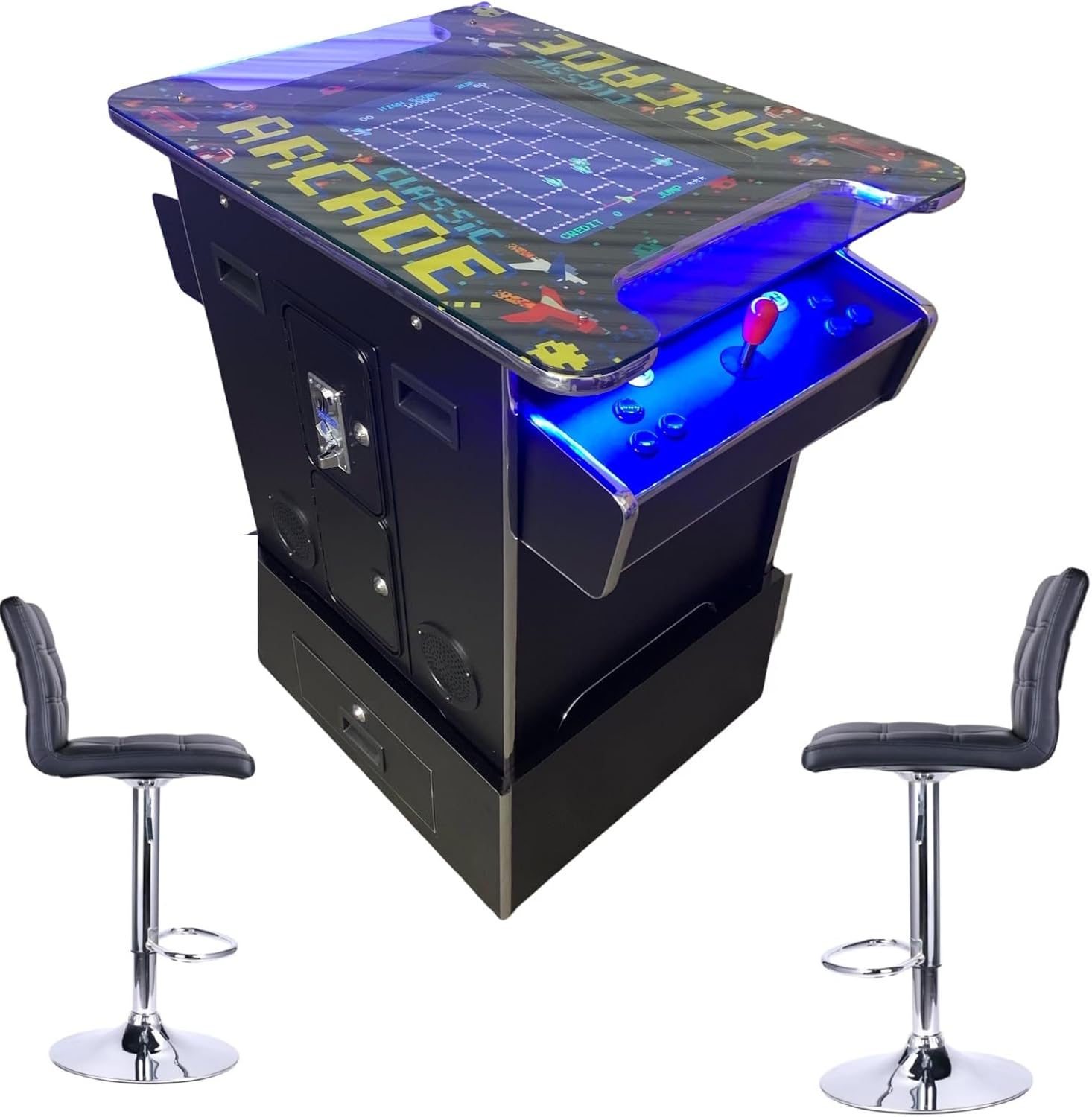 TOP US VIDEO ARCADES Full Size Commercial Grade Riser Combo Cocktail Arcade Machine 2 Player Retro 412 Games 22" LCD Screen Tempered Glass 2 Stools Included 5 Year Warranty Black
