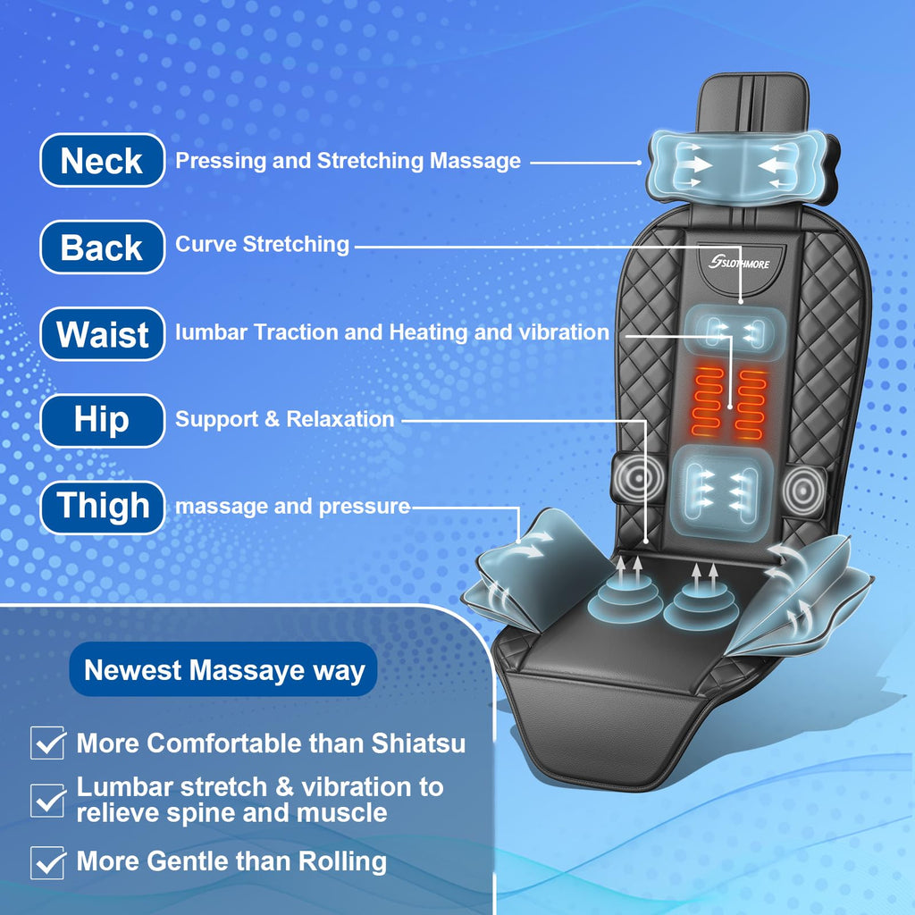 Back Massager with Heat & Traction & Vibration, Seat Massager Pad for Pain Relief Deep Tissue, Lumbar Traction, PU Leather, Foldable, for 5’ to 6’1”, Massage Chair Pad for Office Home