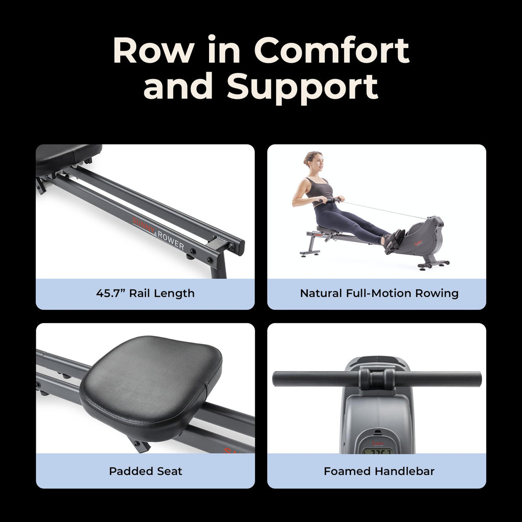 Sunny Health & Fitness Smart Magnetic Rower, Compact Quiet & Smooth Rowing Machine for Full-Body Cardio Exercise, Free SunnyFit Training App Connection