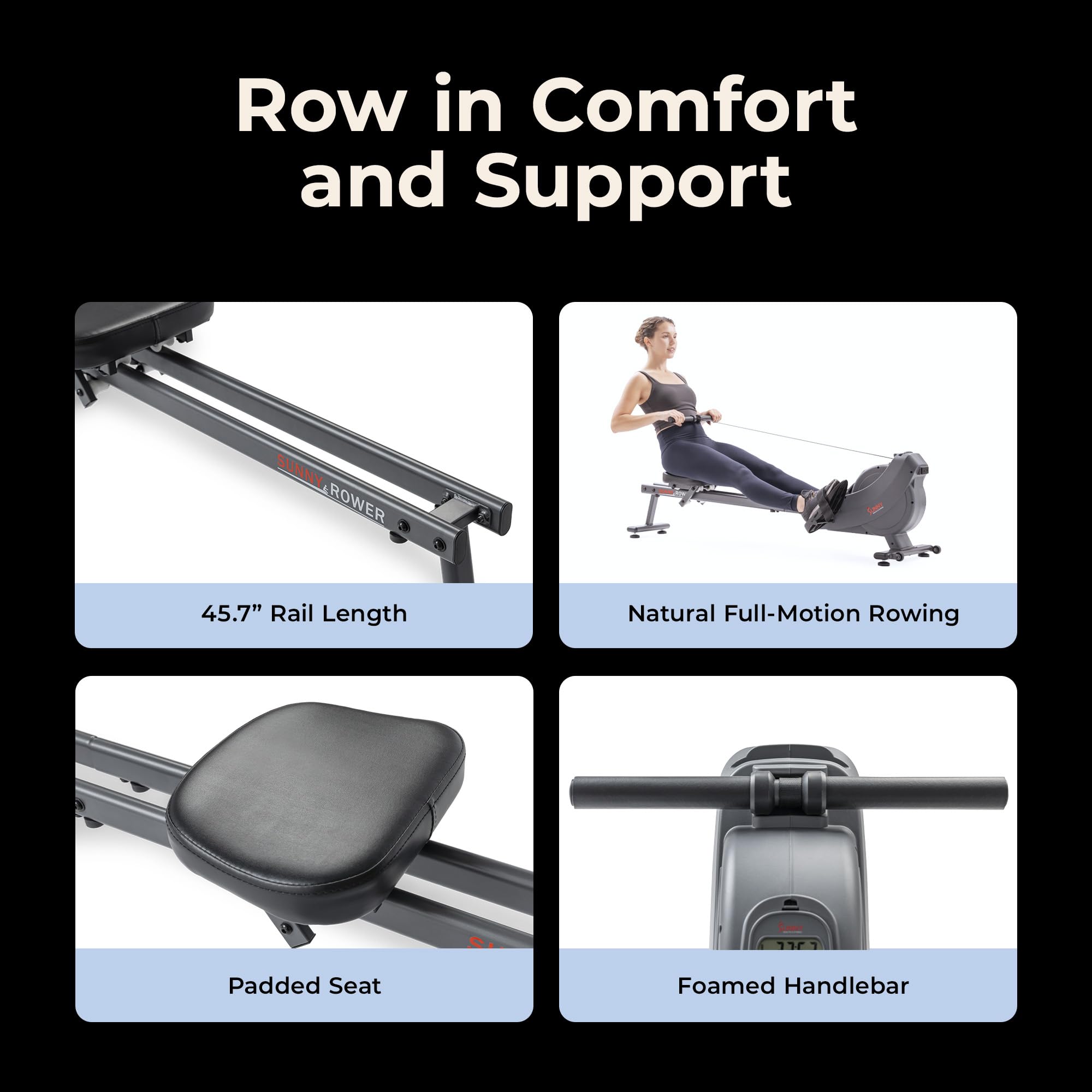 Sunny Health & Fitness Smart Magnetic Rower, Compact Quiet & Smooth Rowing Machine for Full-Body Cardio Exercise, Free SunnyFit Training App Connection