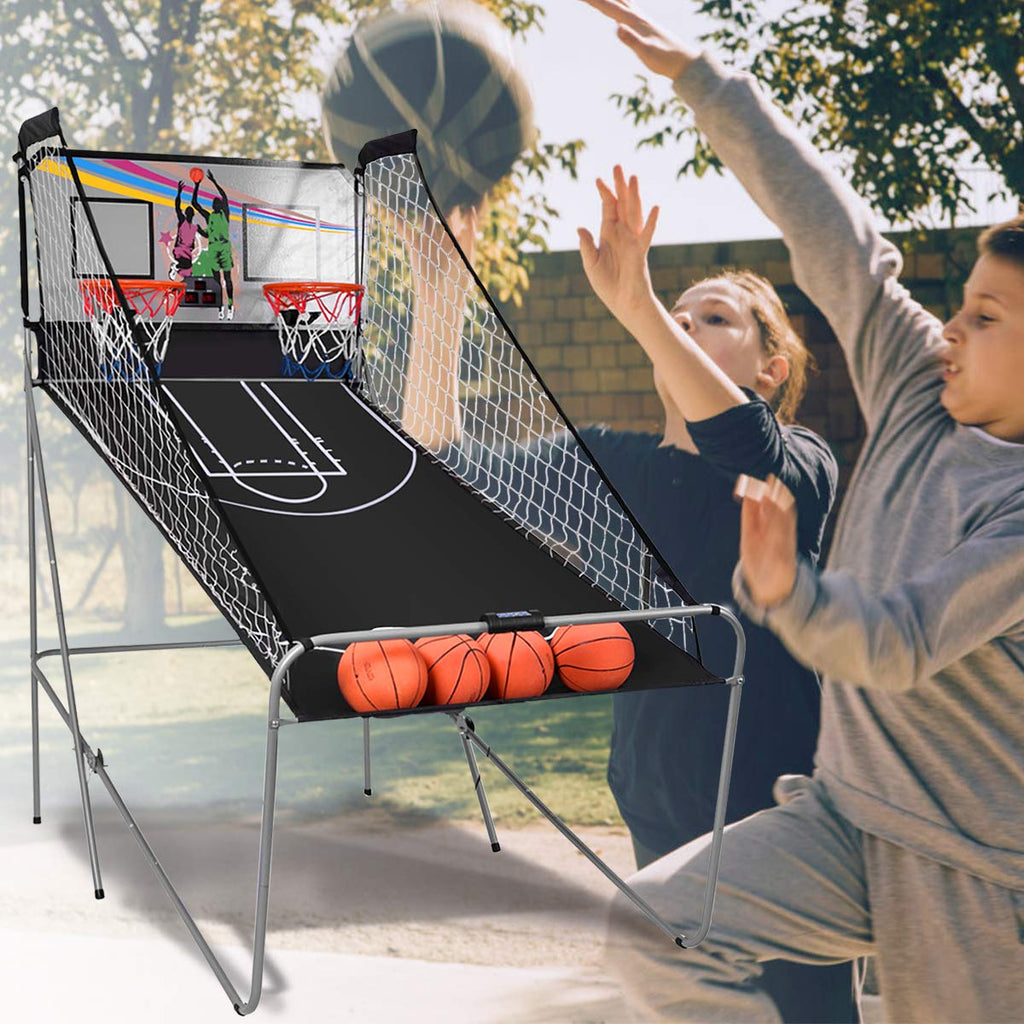 GYMAX Arcade Basketball Game Indoor Foldable with 8 Game Modes, Arcade Sound, 4 Balls and Inflation Pump, Electronic Basketball Games for Home