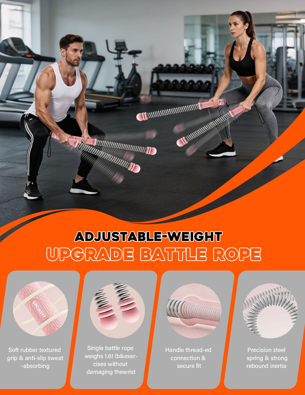 Cordless Battle Ropes 2 Pack Adjustable Weight Portable Ropeless Battle Ropes for Home Gym Full Body Workout with Non Slip Handle and Training Poster for HIIT Cardio Strength Training Men Women,Black